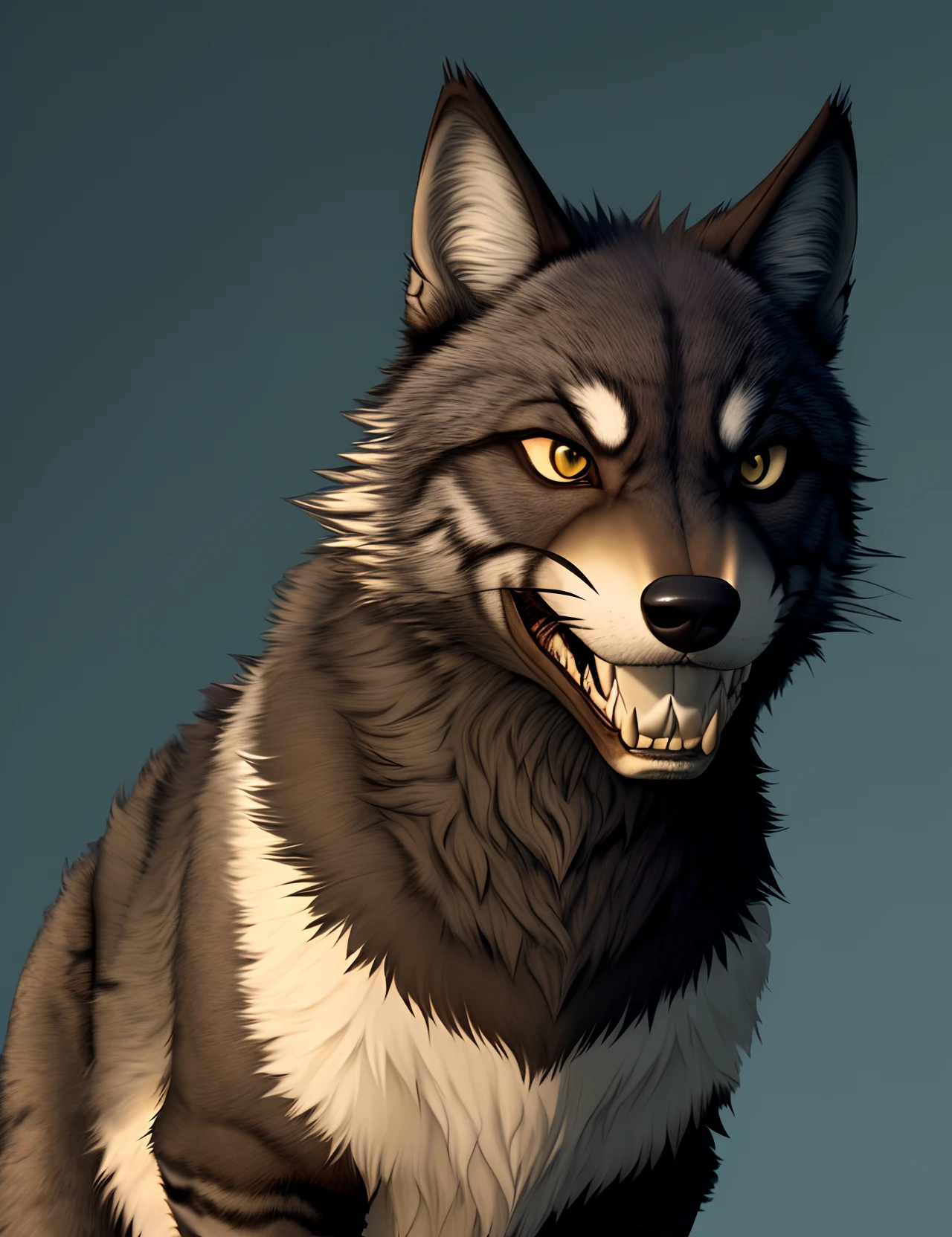Feline furry character that's part wolf, mask with wolf teeth on lower part of face. Big claws and aggressive stance, multiple eyes