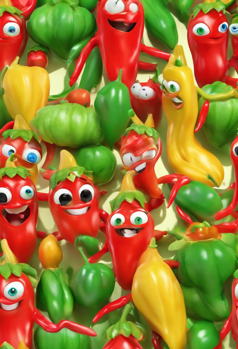 somente uma chili, pimenta, vermelha,alto brilho, caule verde, with funny face, rosto bonito, olhos reais, mexican style hat, sorrindo