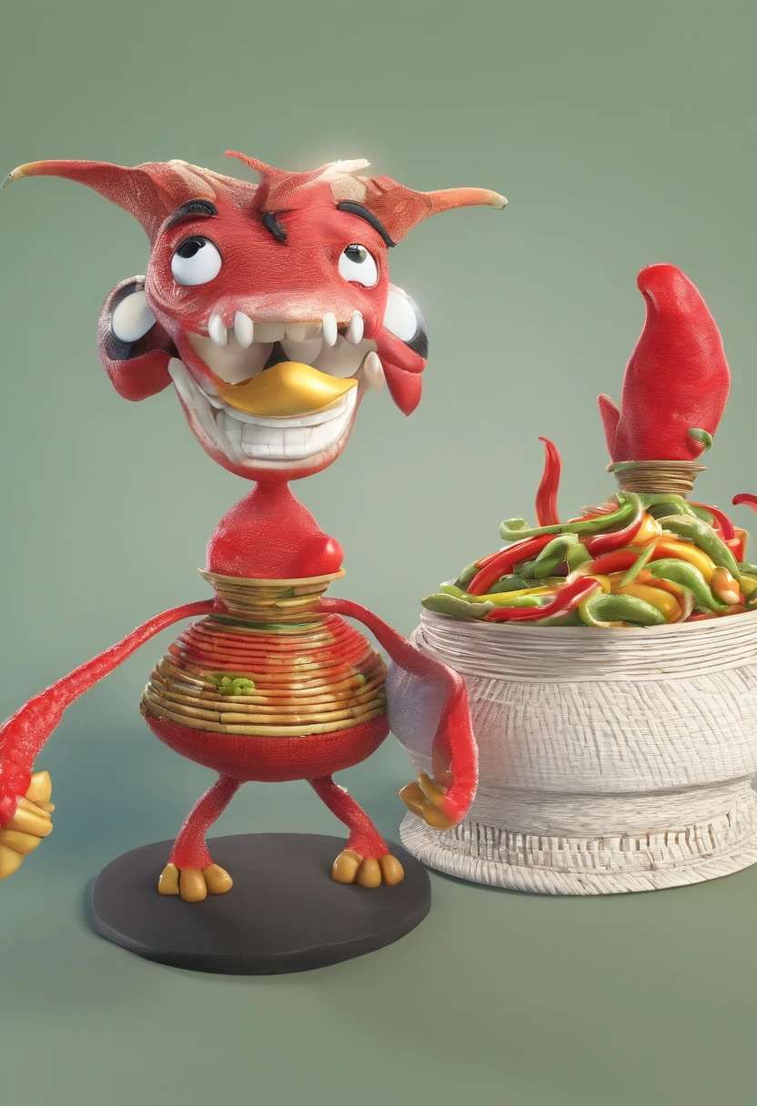 somente uma chili, pimenta, vermelha,alto brilho, caule verde, with funny face, rosto bonito, olhos reais, mexican style hat, sorrindo