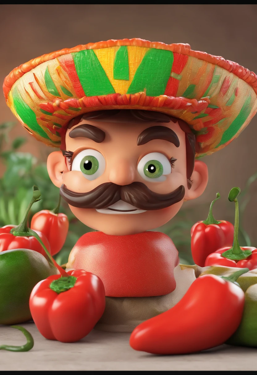somente uma chili, pimenta, vermelha,alto brilho, caule verde, with funny face, rosto bonito, olhos reais, mexican style hat, sorrindo