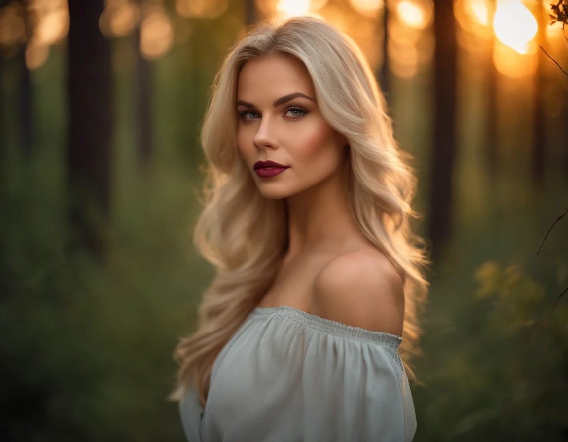 closeup portrait, sexy SSblonde hair, parted lips, lips, casual dress, looking at viewer, forest background, sunset lights, realistic