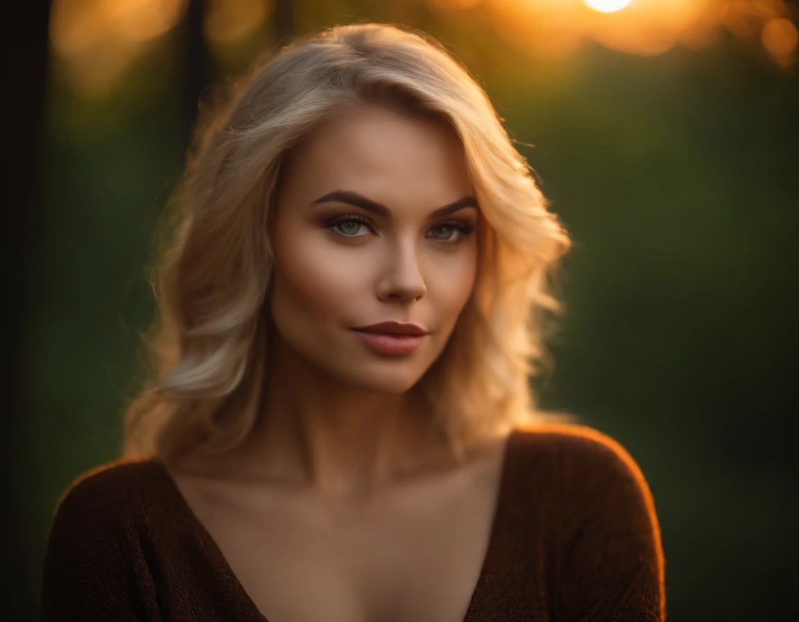 closeup portrait, sexy SSblonde hair, parted lips, lips, casual dress, looking at viewer, forest background, sunset lights, realistic