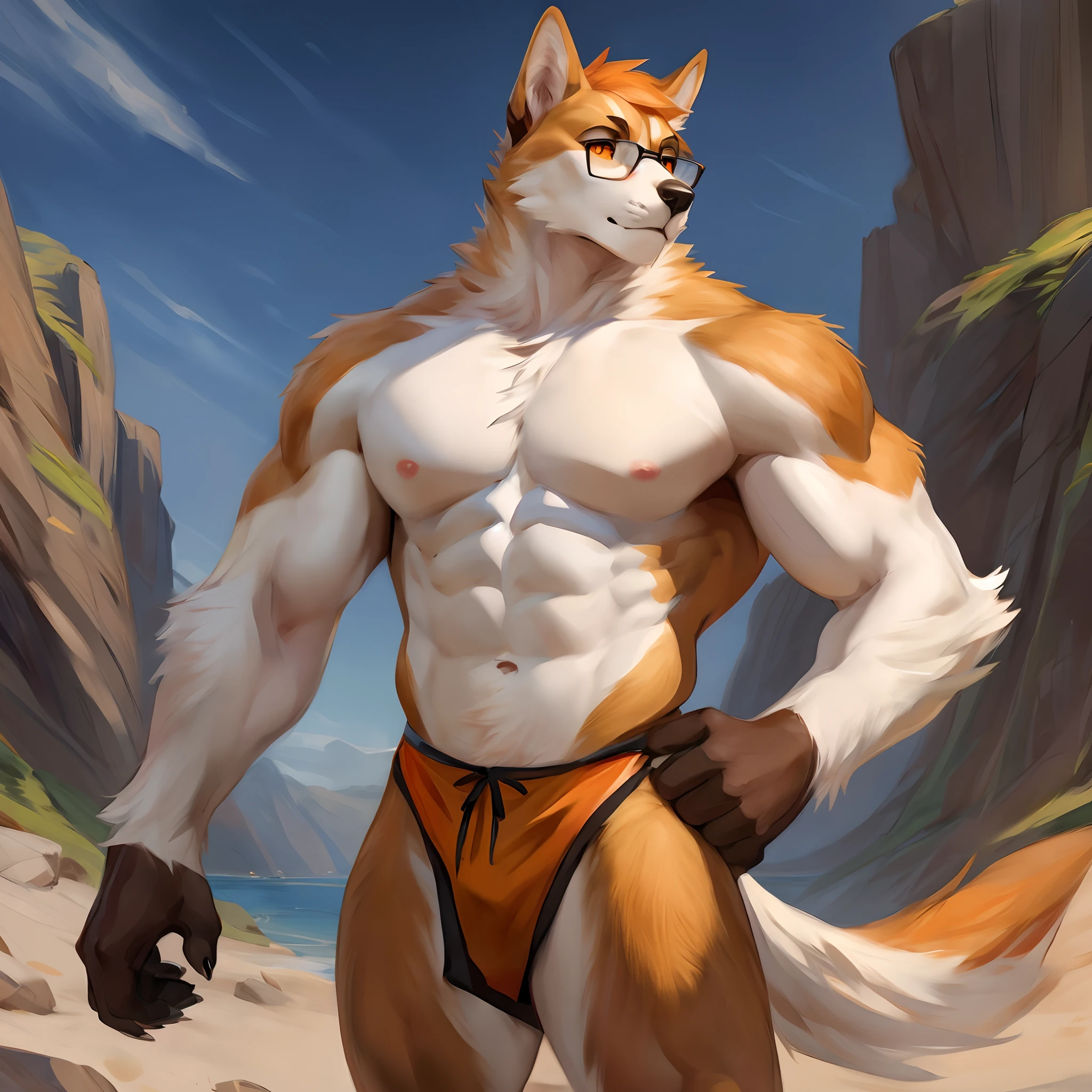 Solo, standing, male, canine, white fur, orange eyes, orange hair, glasses, brown arms, muscular, By bebebebebe, by buta99, by chunie, by sonsasu, by danza