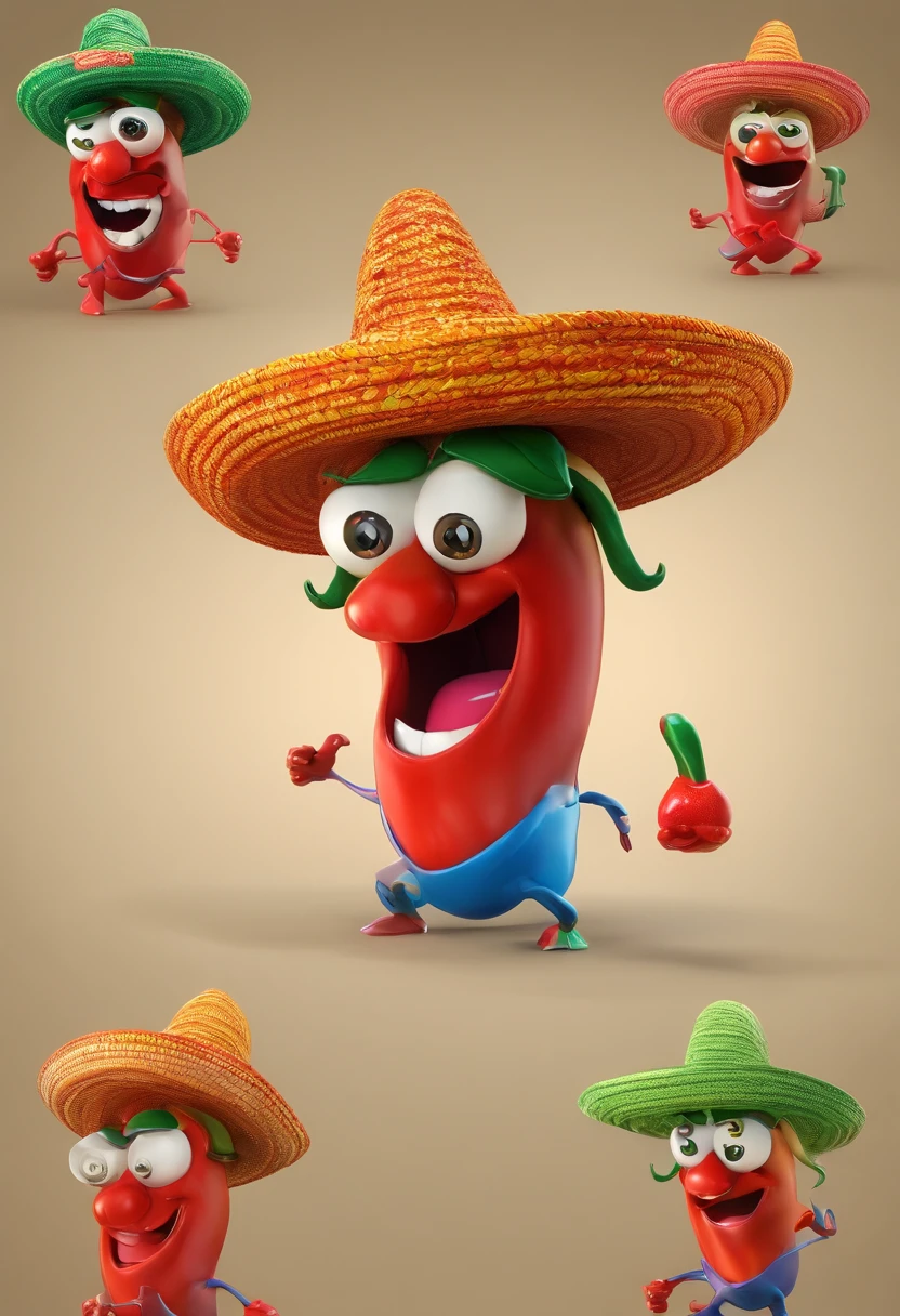 somente uma chili, pimenta, vermelha,alto brilho, caule verde, with funny face, rosto bonito, olhos reais, mexican style hat, sorrindo, The body is a pepper