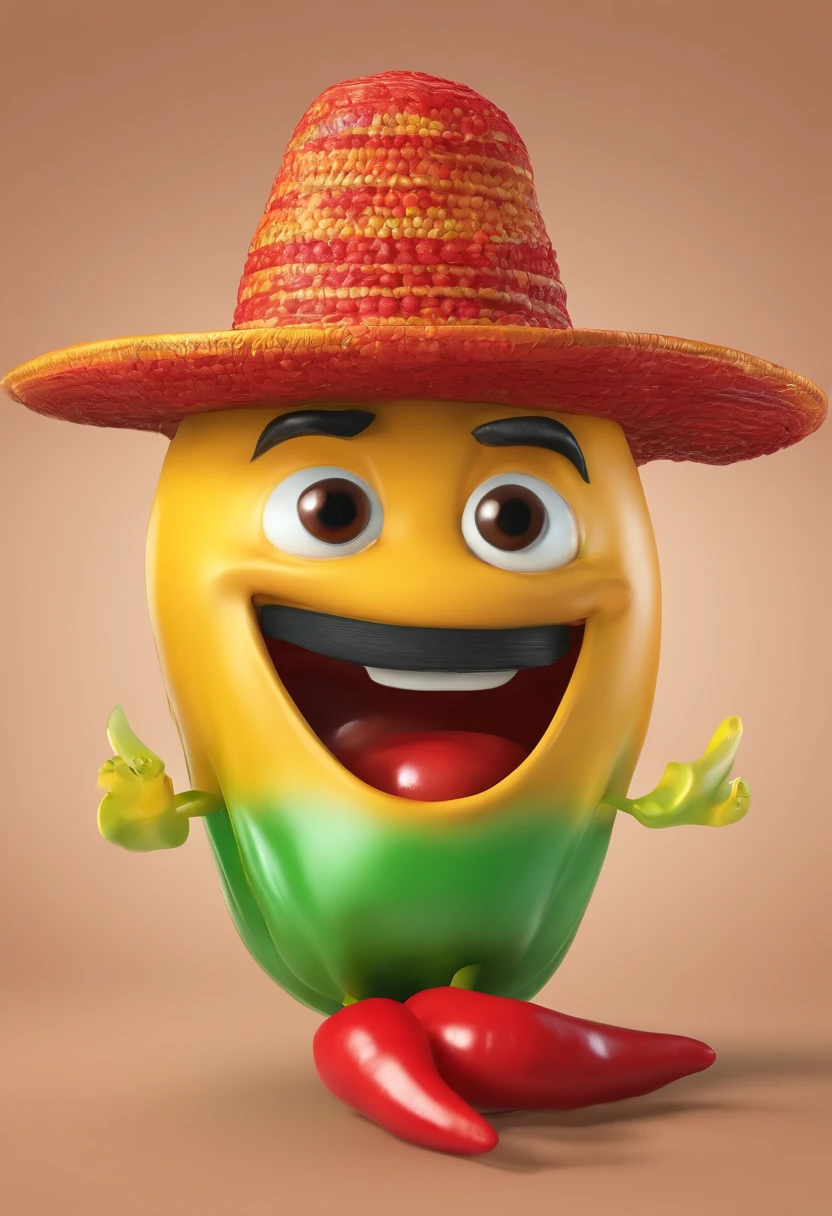 somente uma chili, pimenta, vermelha,alto brilho, caule verde, with funny face, rosto bonito, olhos reais, mexican style hat, sorrindo, The body is a pepper