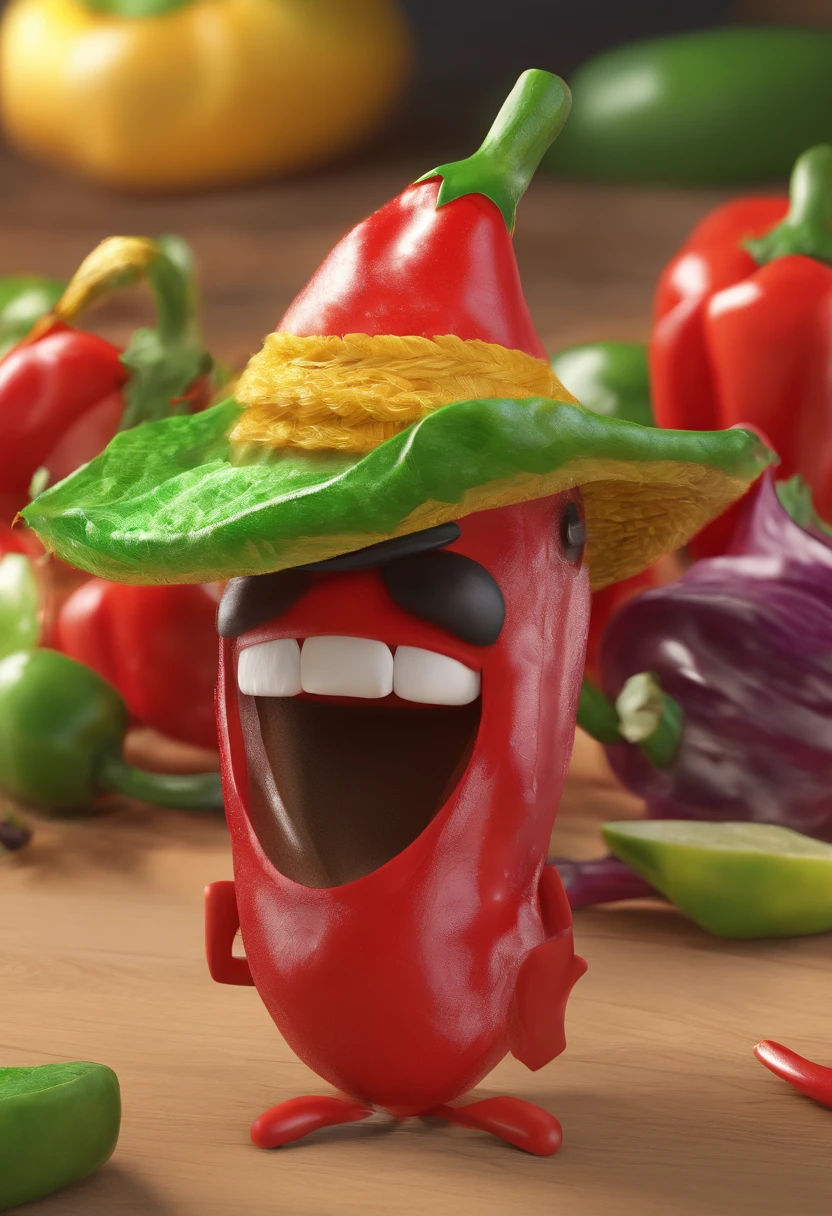 somente uma chili, pimenta, vermelha,alto brilho, caule verde, with funny face, rosto bonito, olhos reais, mexican style hat, sorrindo, The body is a pepper