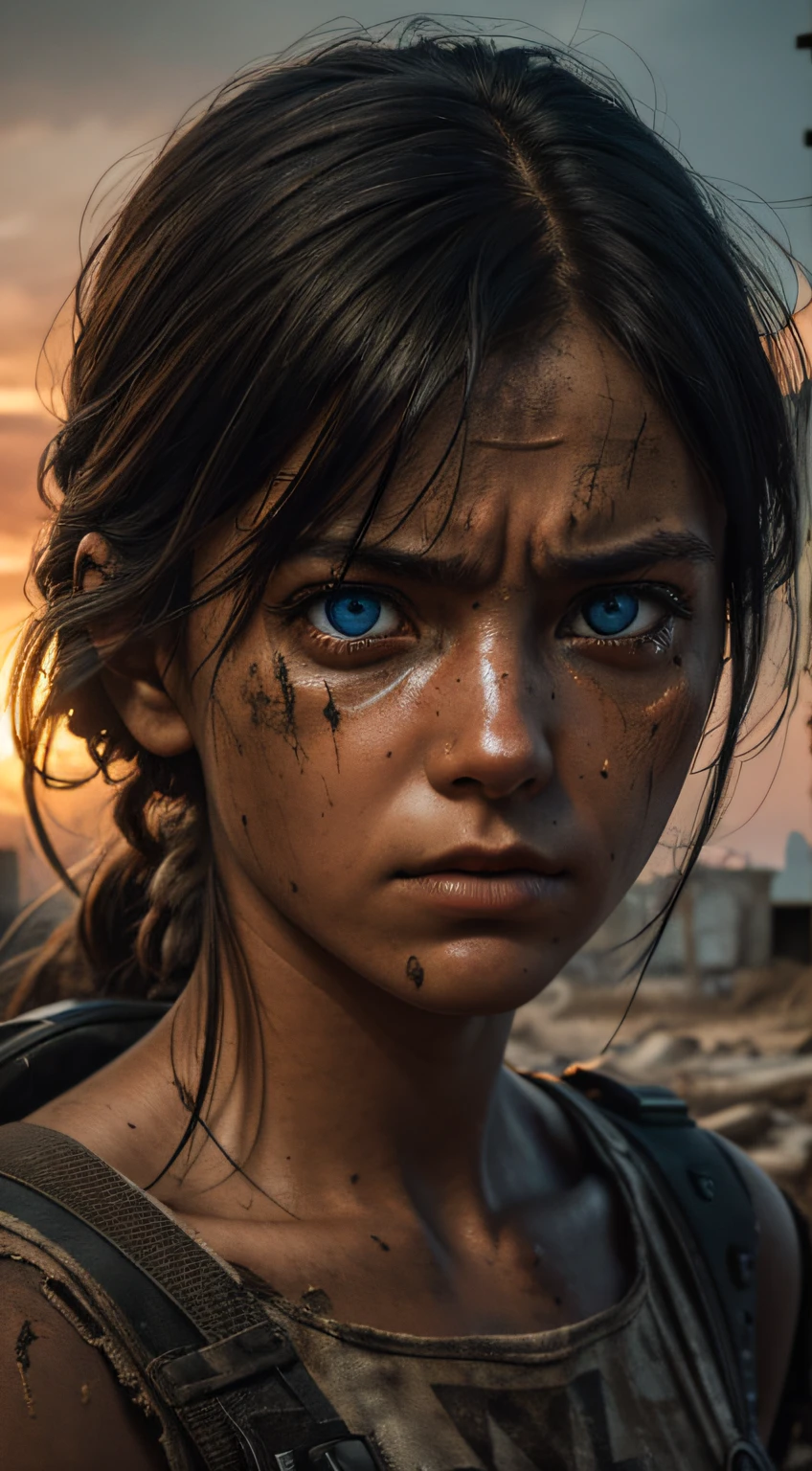 RAW photo, post-apocalyptic, close-up portrait photo of a frightened WOMAN, eyes that have seen too much, battle-worn, intense color, (highly specific skin: 1.2), 8k uhd, dslr, soft lighting, high quality, grain film, Fujifilm XT3