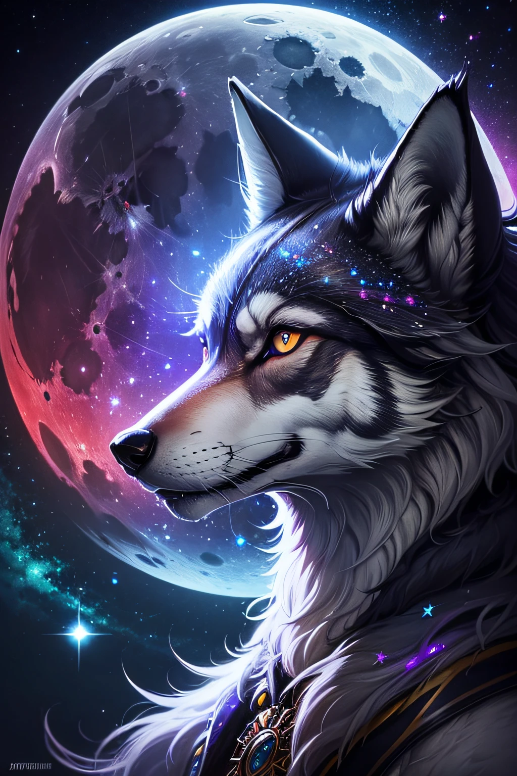 A magnificent, realistic and highly detailed psychedelic wolf, he gazes out at the magnificent moon and galaxy. In the style tag