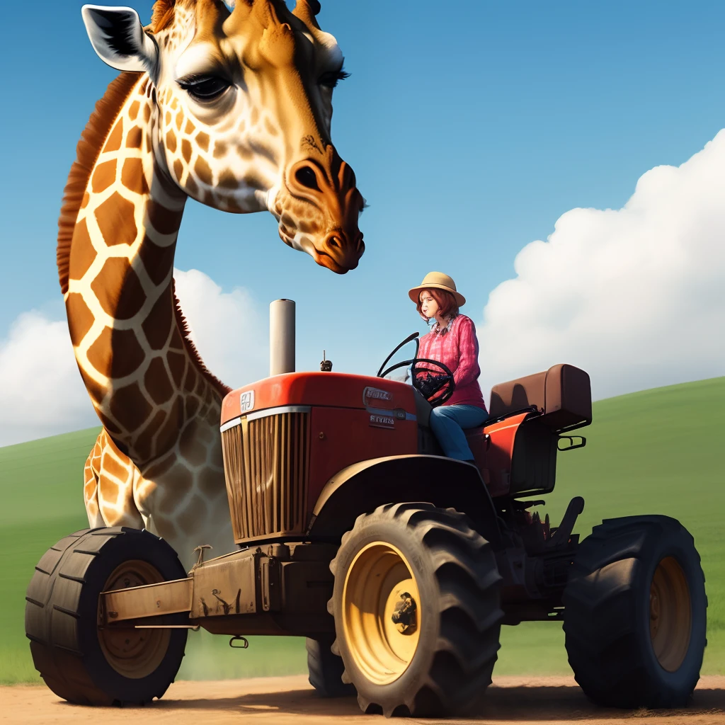 Giraffe driving tractor