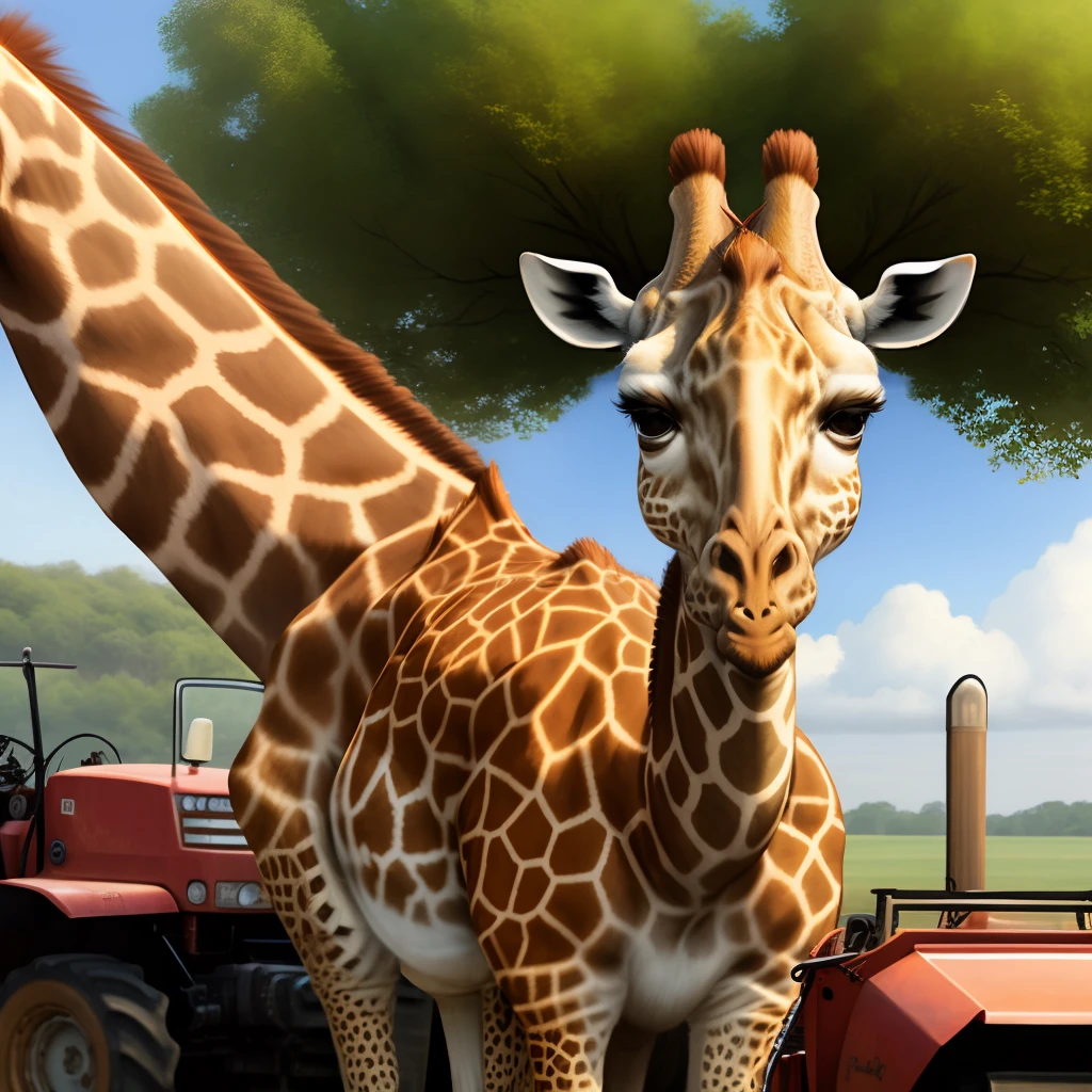 Giraffe driving tractor