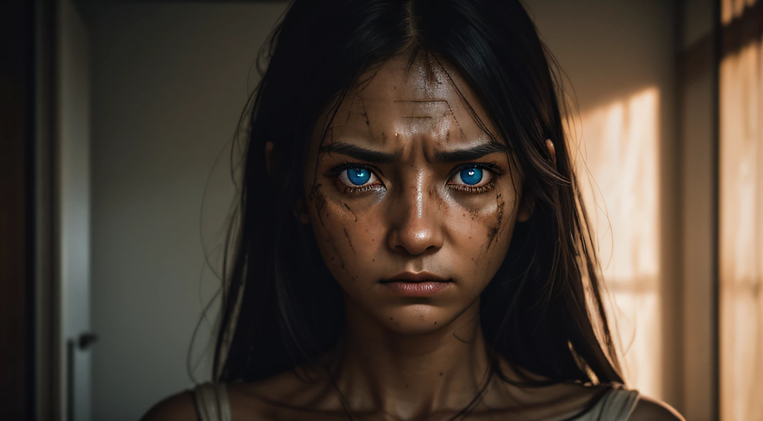 RAW photo, portrait photo of a frightened WOMAN, eyes that have seen too much, battle-worn, intense color, (highly specific skin: 1.2), 8k uhd, dslr, soft lighting, high quality, grain film, Fujifilm XT3
