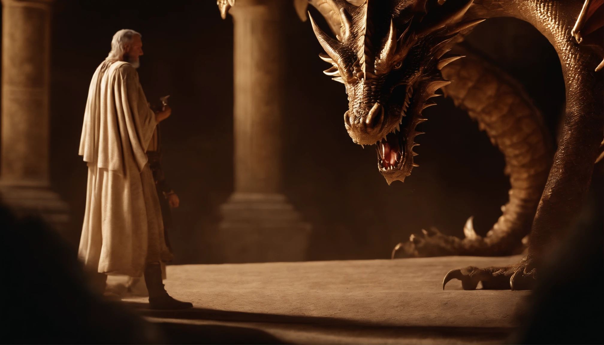 A dragon chases a man, Biblical images of the book of Revelation.