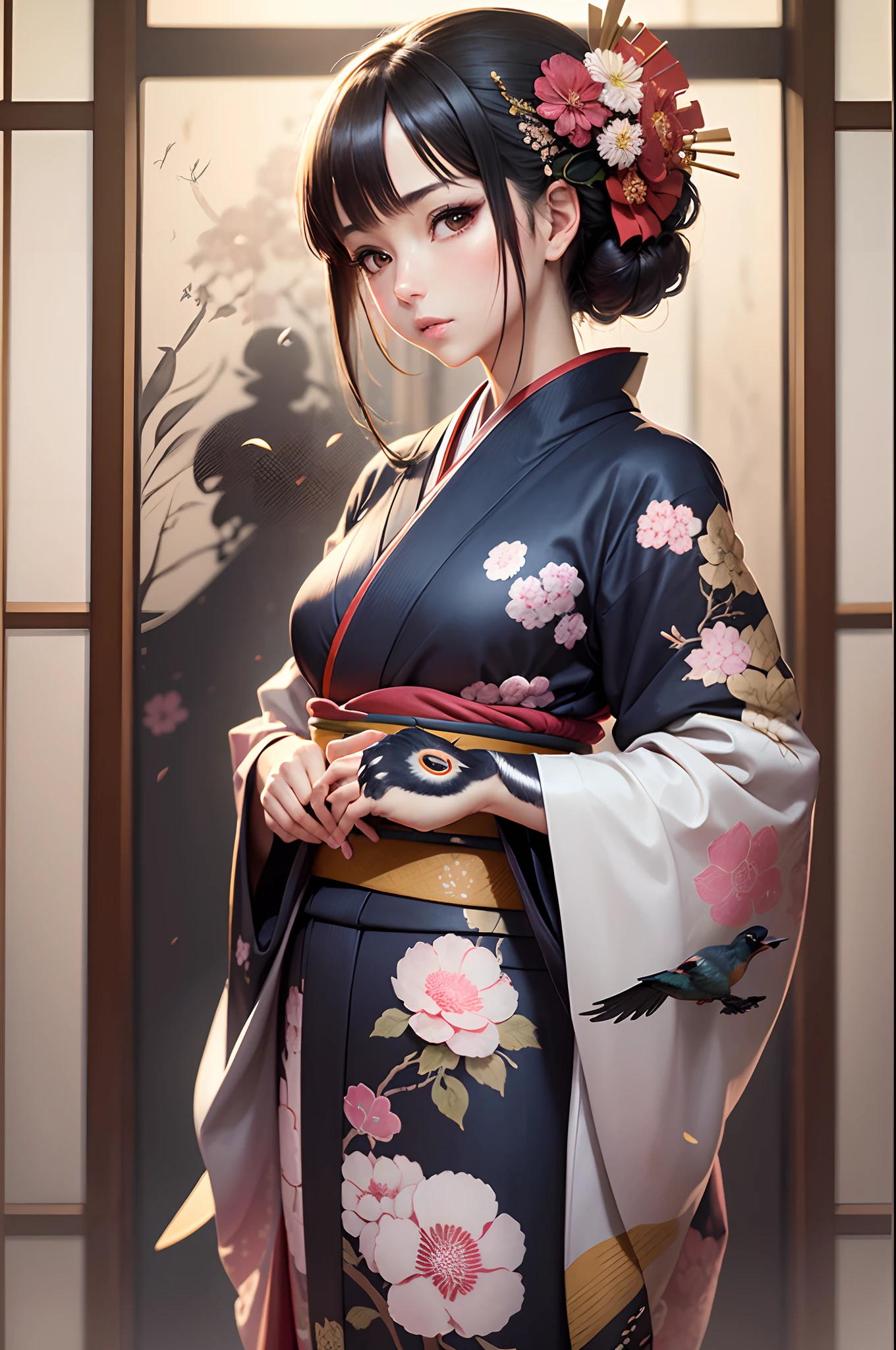 ((Finest quality)),(超A high resolution),(ultra-detailliert),(Meticulous portrayal),((Best Anime)),(Finest works of art),sharpnes,Clair, (Woman in Japan kimono), Beautiful little bird