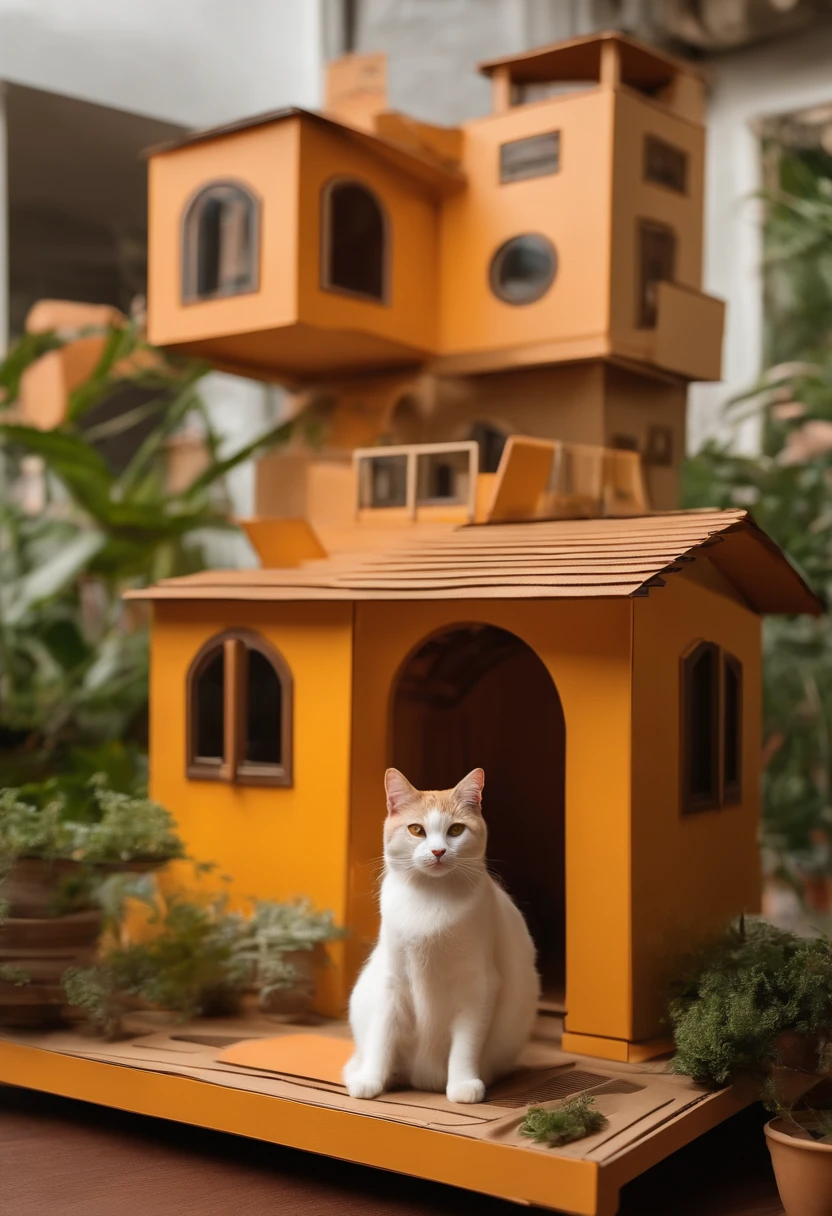 In a world where cats live in futuristic cardboard houses, descreva a casa de sonho de um gato. How it's designed, What special features does it have and how does the cat use it?