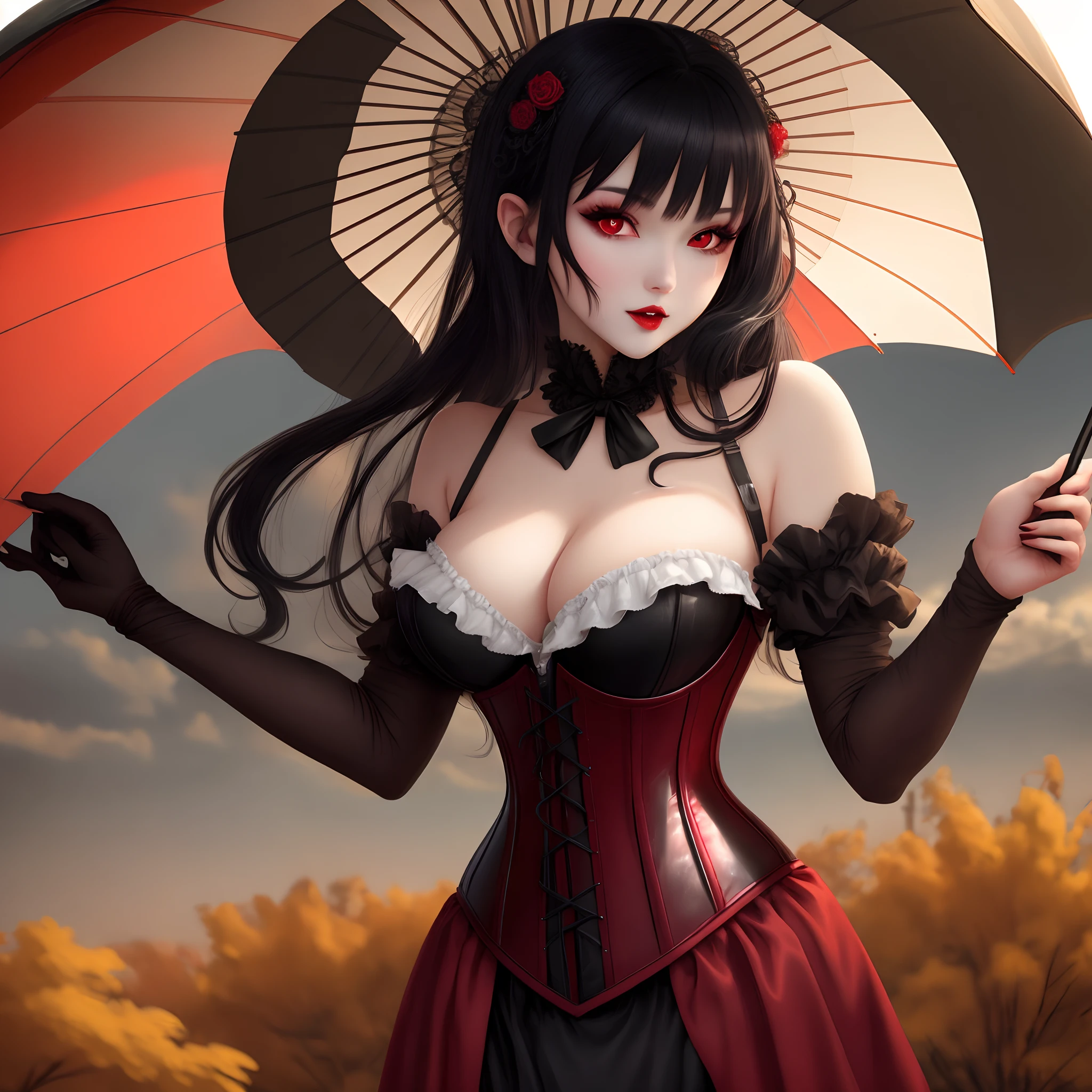 Hot vampire girl, red and black hair, red eyes and black parasol wearing corset