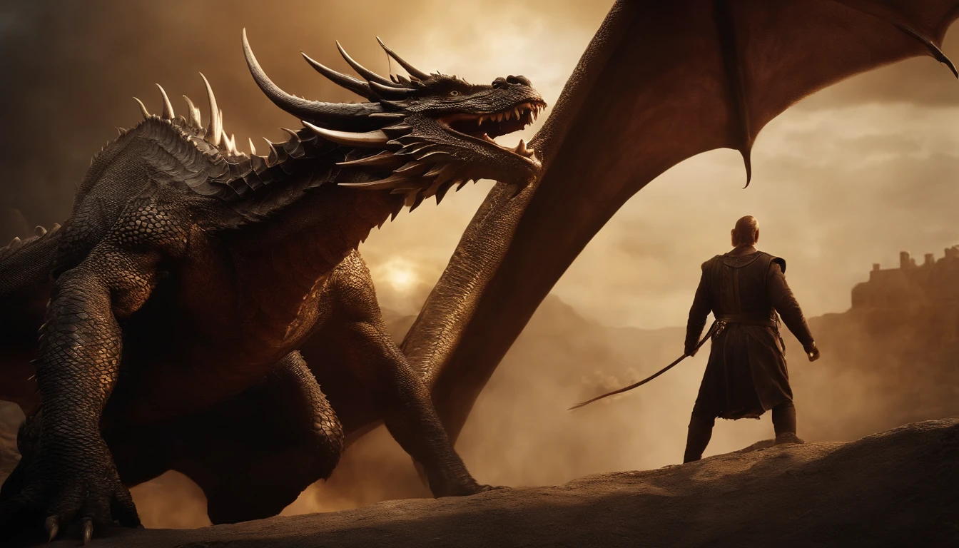 A dragon chases a man, Biblical images of the book of Revelation.