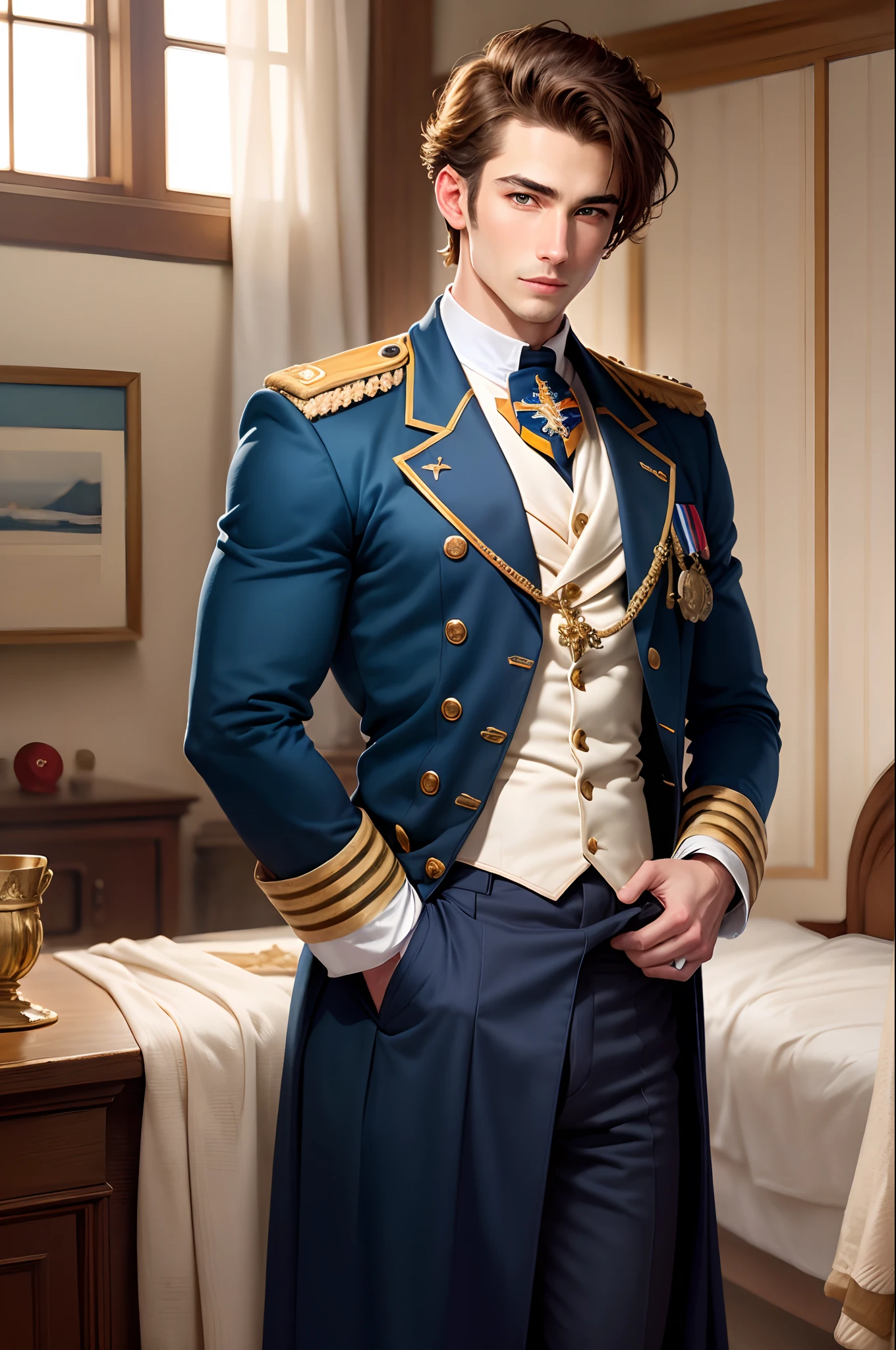 (Best quality at best,フォトリアリスティック),(Dark,feels) Young person, One guy,detailed black eyes, French-German Korean man in uniform standing in front of building, in full military garb, in a soldier uniform, Inspired by Zhang Sengyao, in a soldier uniform, Court Costume Akira, in a soldier uniform, Imperial team, in a soldier uniform, Wearing imperial equipment, Wearing a soldier's uniform, Inspired by Oka Yasuyu, Italian man wearing old samurai uniform，，。Dark skin., （（Very relaxed and lazy look！））, （（Unintentionally exposing chest muscles））Handsome male, Handsome chad chin, Handsome and attractive, Handsome and elegant, Handsome man, Sexy masculine, masculine and Handsome, , Handsome, Attractive posing, attractive male, Attractive man,40-year-old man！Lift your little head，Kominan wearing an army coat（closeup portrait！)）showing off his hairy pecs。（Show hairy chest muscles），），(Use a short beard collar），Wear a military uniform and wear one without buttons！Show hairy chest muscles），)，(Use a short beard collar，）headspace！Charming and happy look，（Handsome男人，sitting down，poorly dressed，Perfect body anatomy，Beautiful man face detail，perfect foot，perfect hand！Ultra-low angle shooting！, white underwear, big bulge, erection, erected dick, long big dick, cumming