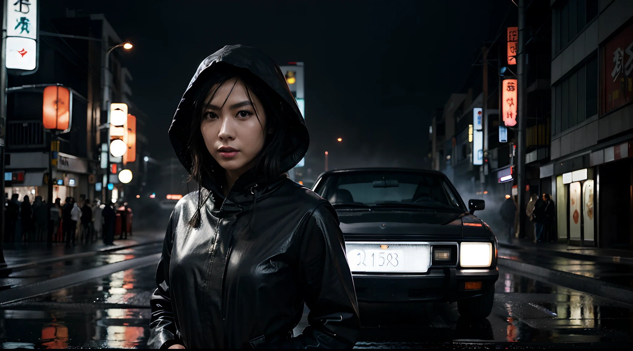 Cool, chic, Japanese car, from the 1980’s and also from the future, Front view, lights on, dark rainy night, wet street, Tokyo neon, colourful, beautiful Japanese woman standing in front of car wearing black leather with hood up, masterpiece, smoke, fog, dry ice