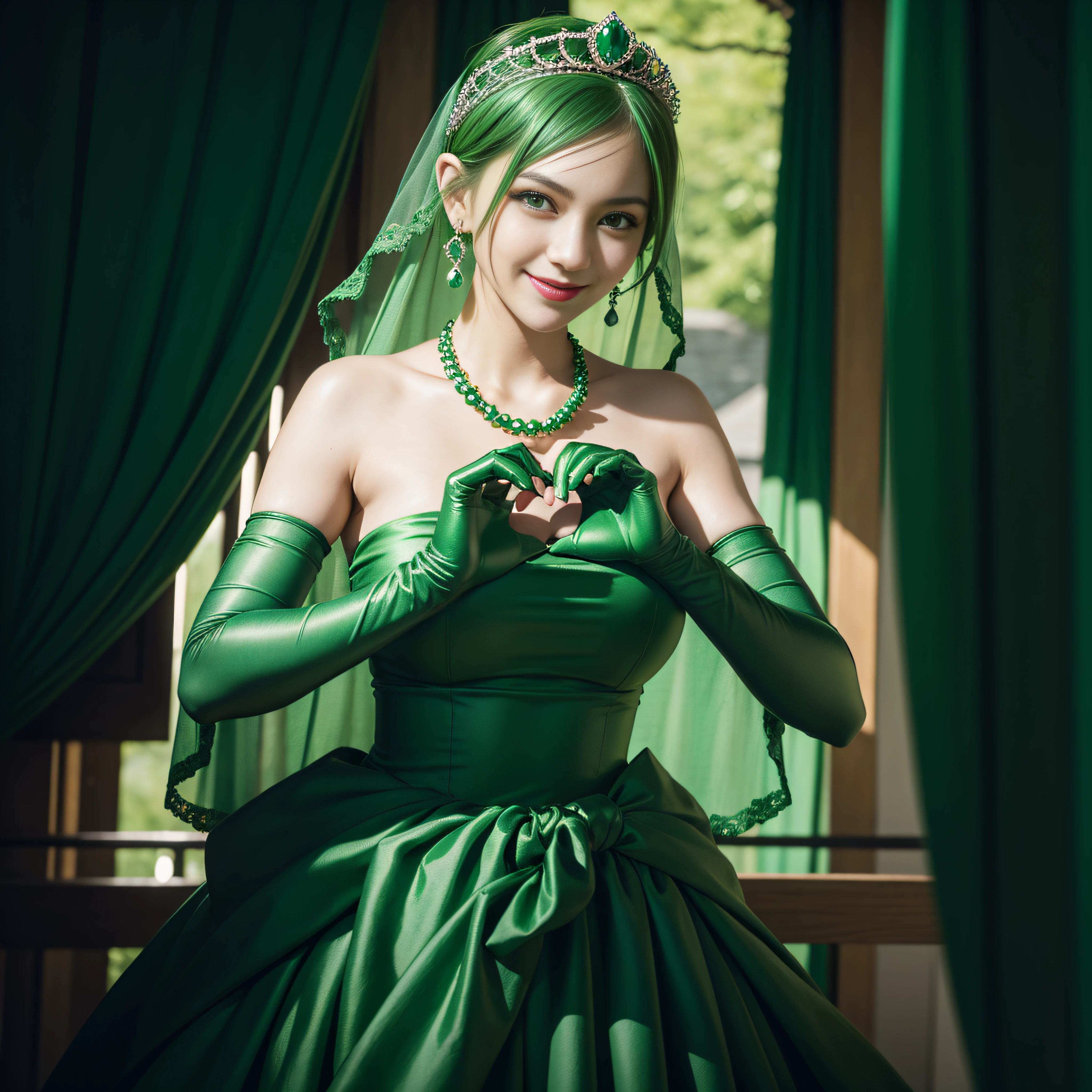 emerald tiara, Green Pearl Necklace, Boyish very short green hair, lipsticks, Japan woman smiling, very short short hair, big breasts beautiful, Green eyes, Long green gloves made of satin material, Green eyes, Emerald Earrings, green vale, Heart with both hands