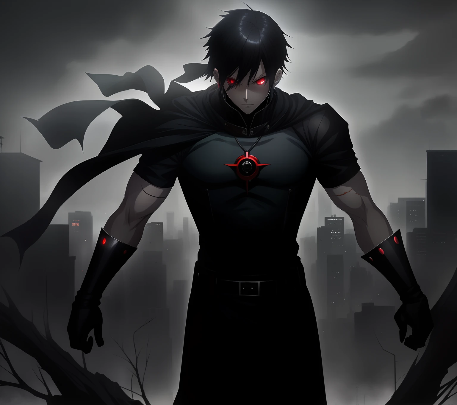 anime character with a black cape and red eyes standing in front of a dark city, range murata and artgerm, handsome guy in demon slayer art, badass anime 8 k, by Yang J, anime concept hdr anime macmanus, tsurumaki kazuya, jin - roh, inspired by Kawabata Ryūshi