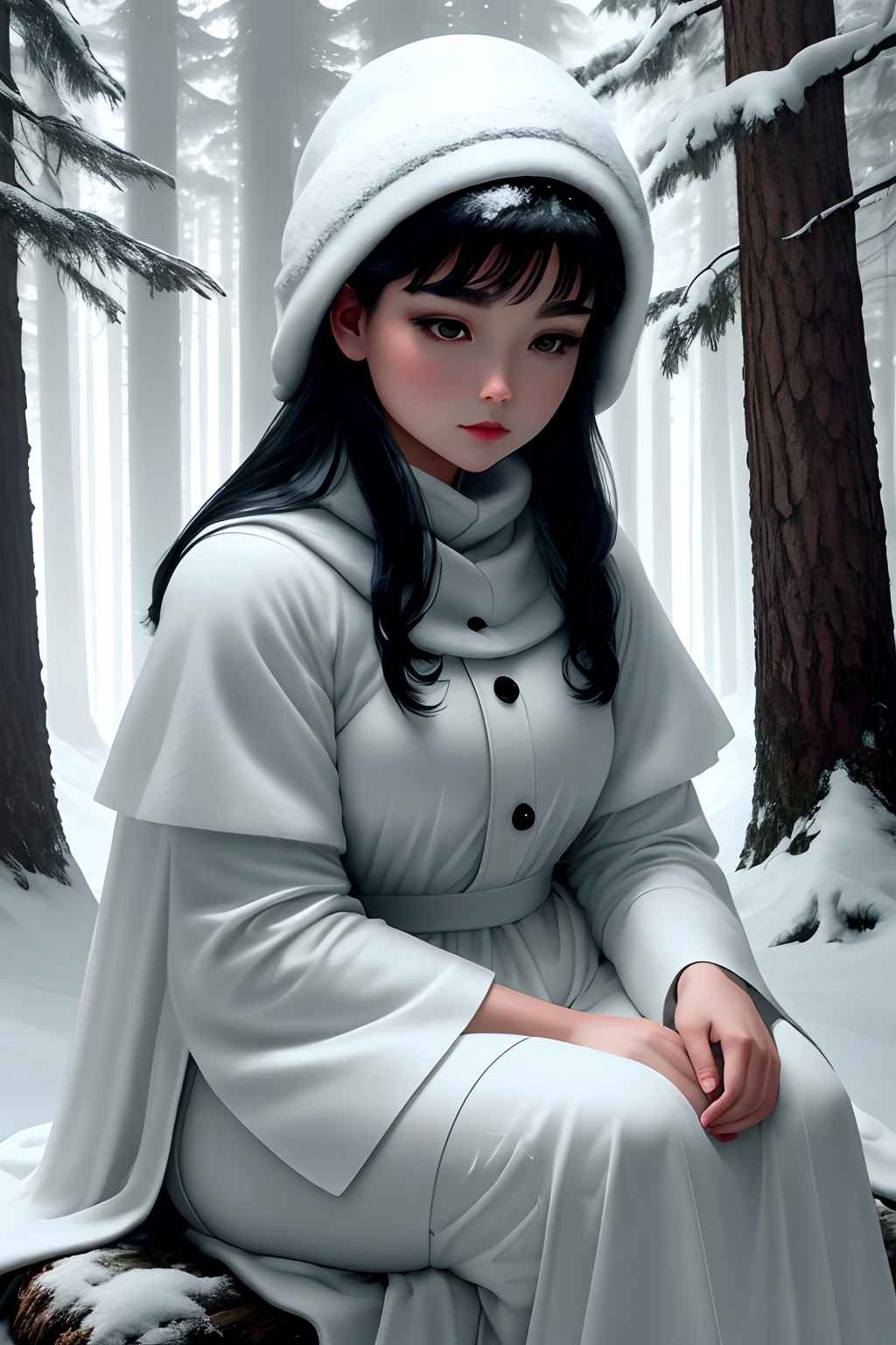 snow white sitting in a ghostly forest with light behind the viewer full of many pine trees little fog with high definition image minimal contrast with frontal perspective and line to the horizon, cinematic
