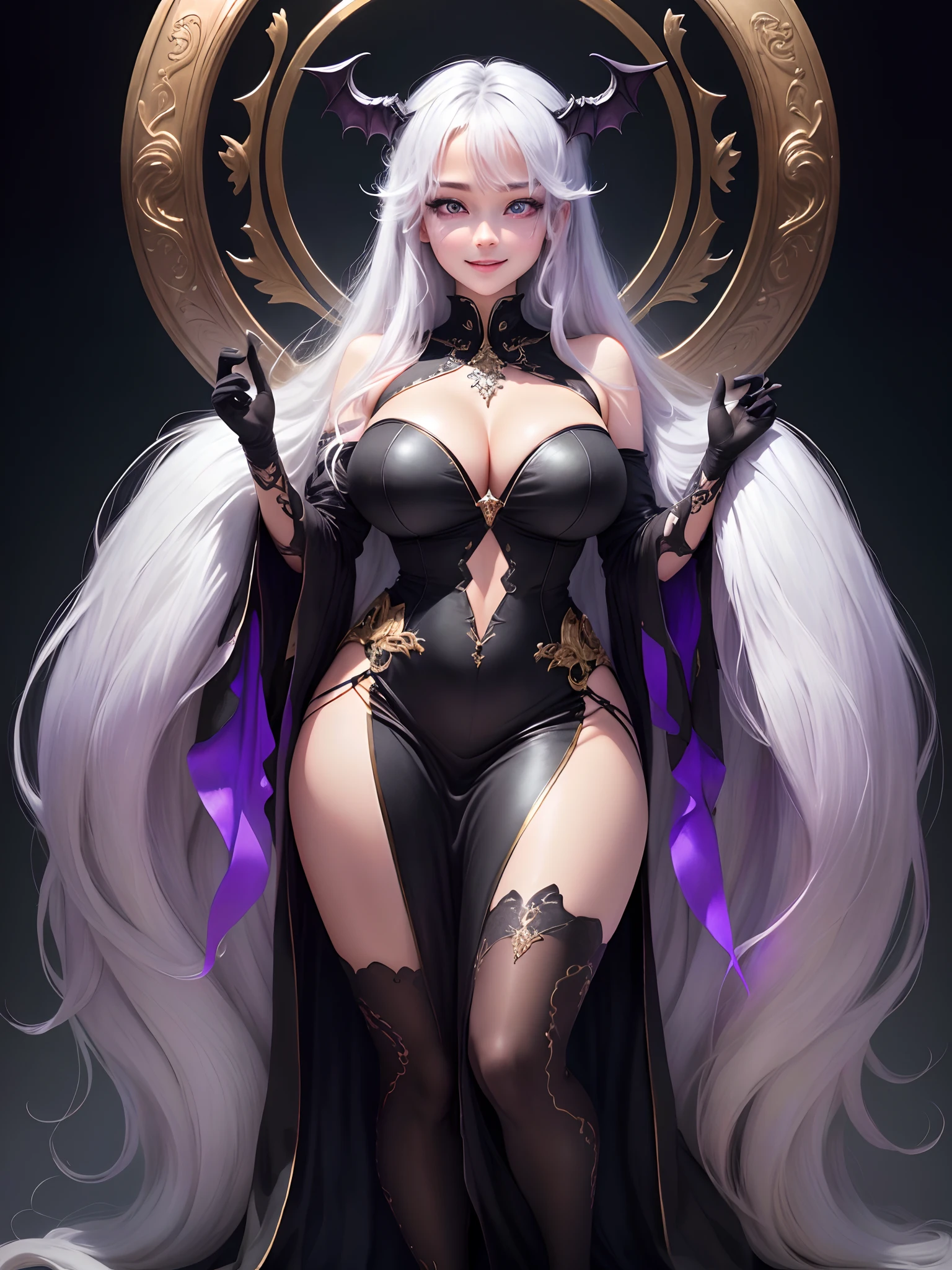 an extremely delicate and beautiful,ultra-detailed,extremely detailed CG unity 8k wallpaper,beautiful detailed filigree,super detailed skin,hyper extreme detailed,{{{{masterpiece}}}},{{{{{black background}}}}},{{{best quality}}},{{{High quality}}},shiny hair,shiny skin,{{{high resolution}}},beautiful detailed eyes,{{{purple eyes}}},{{{{{{1 girl}}}}}},{{large breasts}}}，full body,evil smile,looling down,{{loli}}},super long hair，succubus，(huge breasts: 1.5)