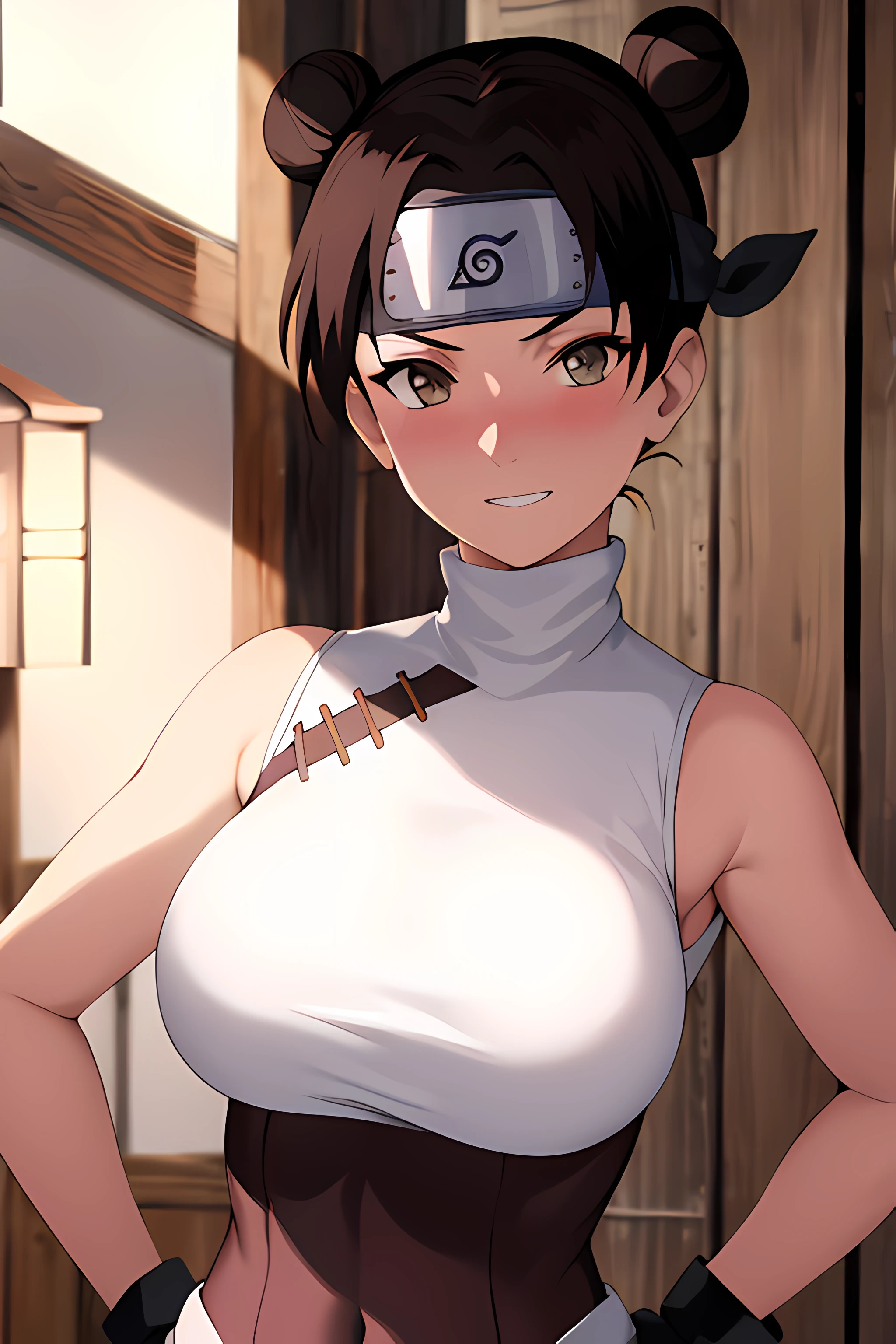 masterpiece, absurdres , (intricate details), (colorful),cinematic lighting,bust shot,extremely detailed CG unity 8k wallpaper,tenten\(shippuden\), 1girl, solo, ((white sleeveless turtleneck)), (large breasts), hand on hip,forehead protector, konohagakure symbol, headband,  looking at viewer, (village street), charming smile, ((slim waist)), ((blushing)), armpit, full body