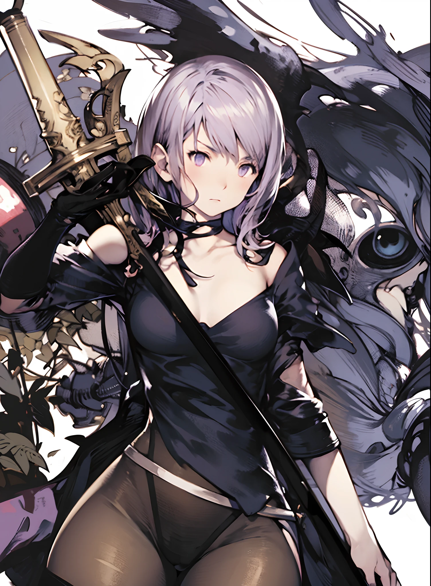 yoshida akihiko, 1girl, bravely default: flying fairy, bravely default \(series\), Nier, final fantasy, light purple eyes, sword in the back, pink cloth
