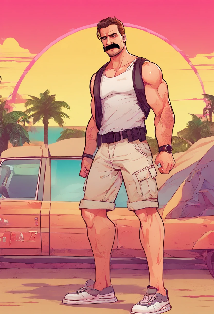 illustration that evoke stoicism men from 25 years old, shirtless, barefoot, strong, slim body Importance of Reason Style: Scientific realism, with a focus on detail and precision. Color palette: Cool, neutral tones (navy blue, gray, white) to convey clarity and objectivity. Expression: A concentrated and determined gaze, brow slightly furrowed in thought. Setting: A young strong handsomen cinnamon sking, driding an orange land rover car background you can see intense yellow mansion pastoral scene, river, garden, golden hour, wide open shot