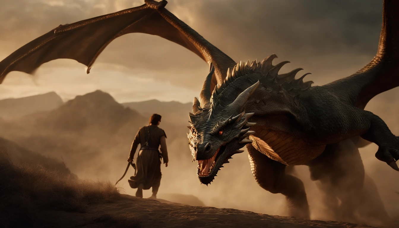 A dragon chases a young man, Biblical images of the book of Revelation.