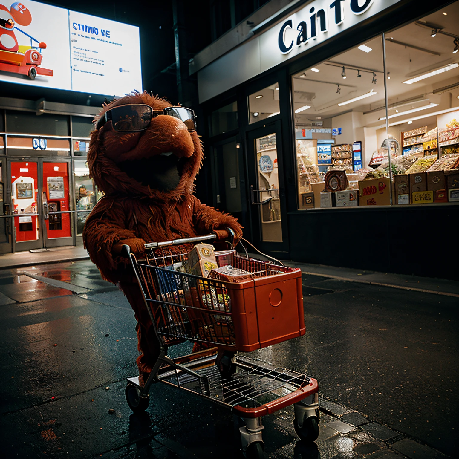 Elmo pushing a shopping cart, wearing sunglasses, CCTV footage,