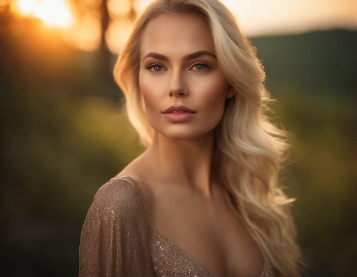 closeup portrait, sexy SSblonde hair, parted lips, lips, casual dress, looking at viewer, forest background, sunset lights, realistic