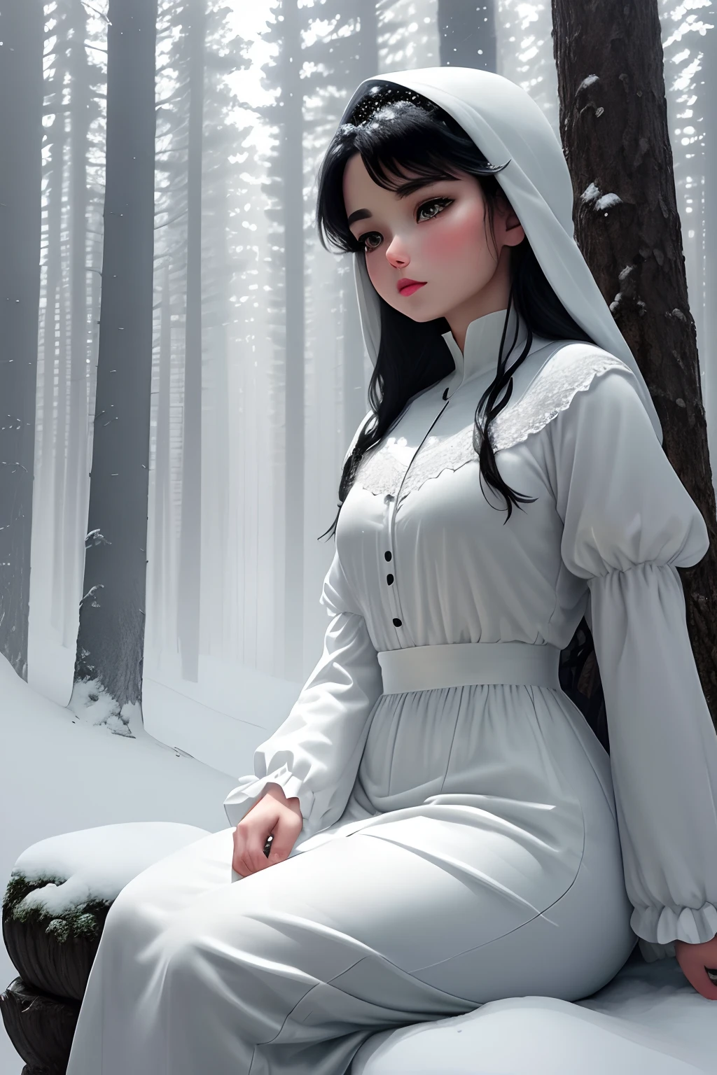 snow white sitting in a ghostly forest with light behind the viewer full of many pine trees little fog with high definition image minimal contrast with frontal perspective and line to the horizon, cinematic