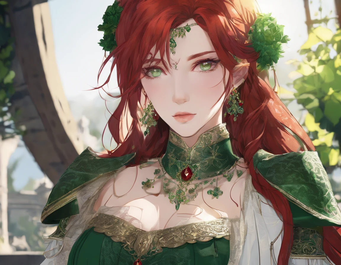 (A girl,medieval setting),(Best Quality,4k,8K,hight resolution,Masterpiece:1.2),Ultra-detailed,(Realistic,Photorealistic,photo-realistic:1.37),illustartion,Ancient Painting,The Impact of Aging,Meticulously designed rope details,expressive eyes,Stunningly realistic facial expressions,floting hair,dramatic lighting,ominous vibe,Vivid colors,Medieval architecture,Tense scene, (beatiful face: 1.7), (handsome body, nice feet: 1.5), (big breastes: 1.4), (Red hair and green eyes: 1.7) (vivid green eyes: 1.5)