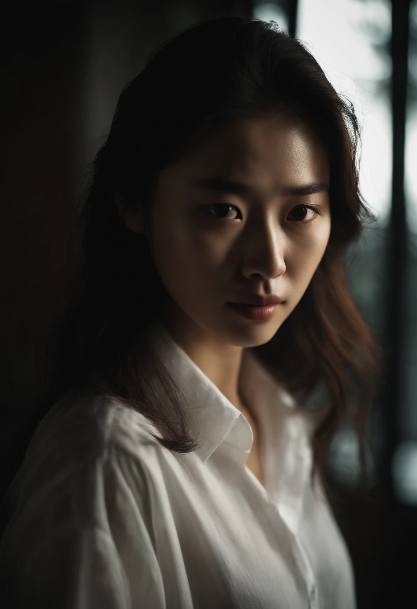 Dark lighting, korean girl, Loose hair, white  shirt, serious look.