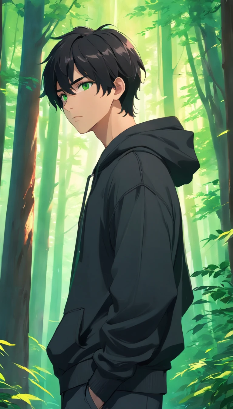 handsome male college student in black hoodie, black hair, green eyes, standing in  forest, apprehensive, realistic, ultra realistic, 8k