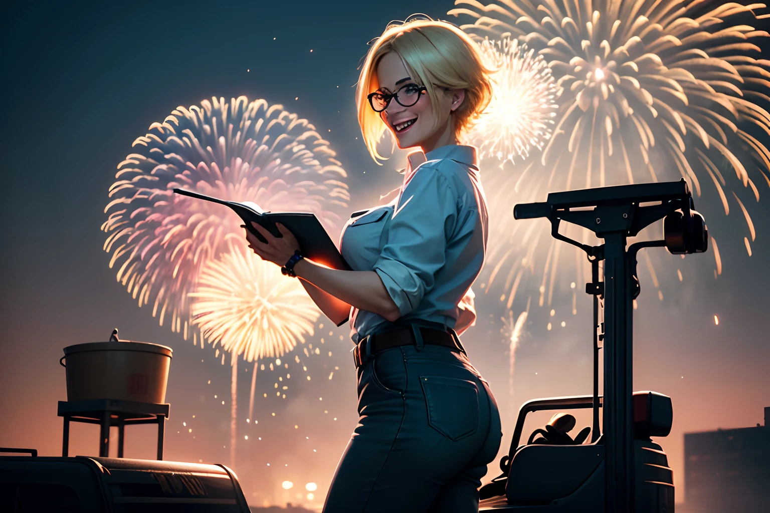 create an anime picture, a beautiful woman 50 years old (blonde hair) (glasses), drives a forklift(detailed), laughs, in the background neon lights and people dance and fireworks