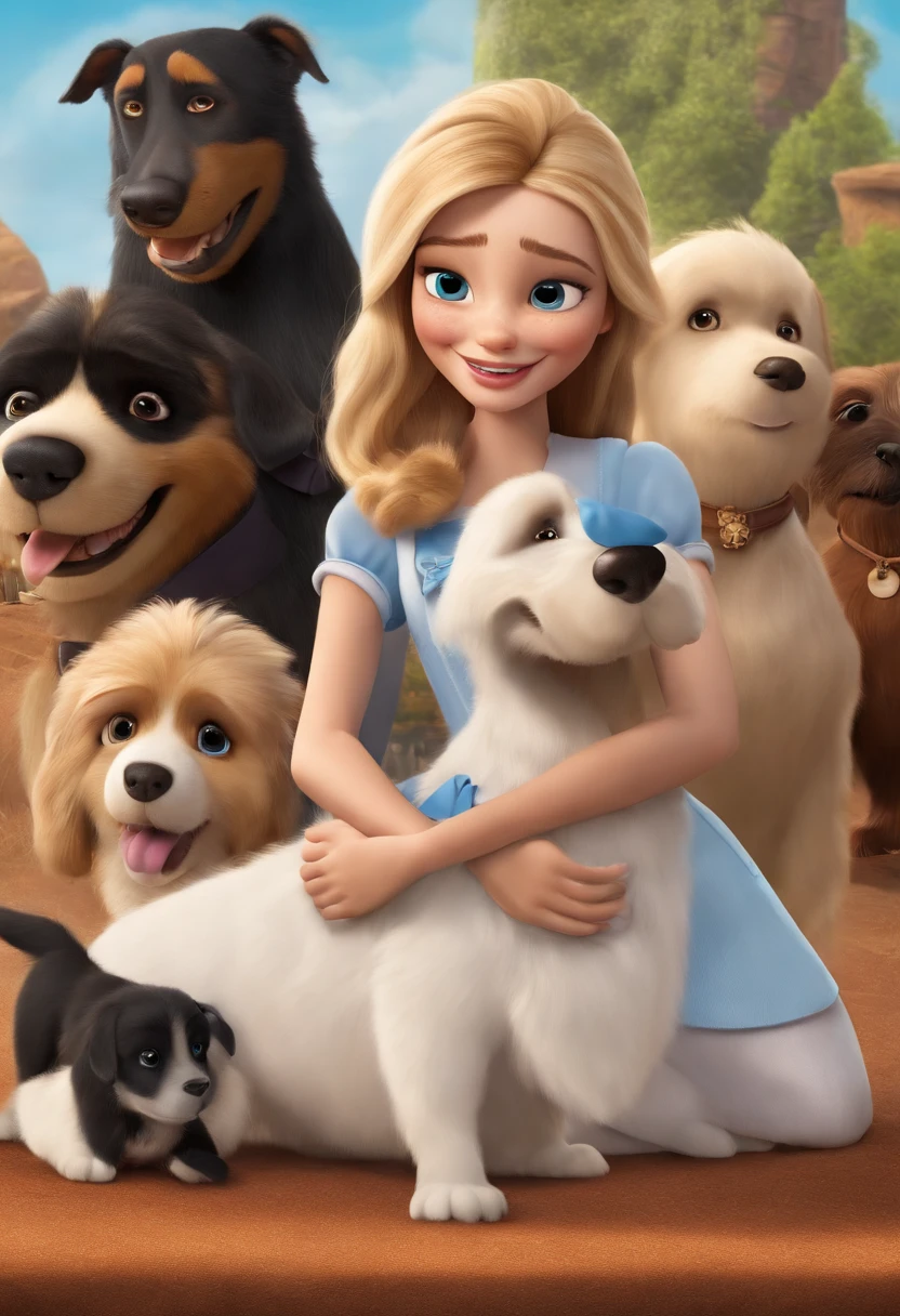 Create a poster inspired by Disney Pixar movies, featuring a couple compaund by a medium-height girl with blonde highlights hair, full lips and darked small eyes and a taller boy with fair skin, dark hair and silly face along with their puppy girl an all-black, well-groomed fur little puppy with sharp and pointed canine teeth playing. The poster is titled 'Alice in Dogland.' The digital artwork should be in the Pixar style, reminiscent of an animated feature.