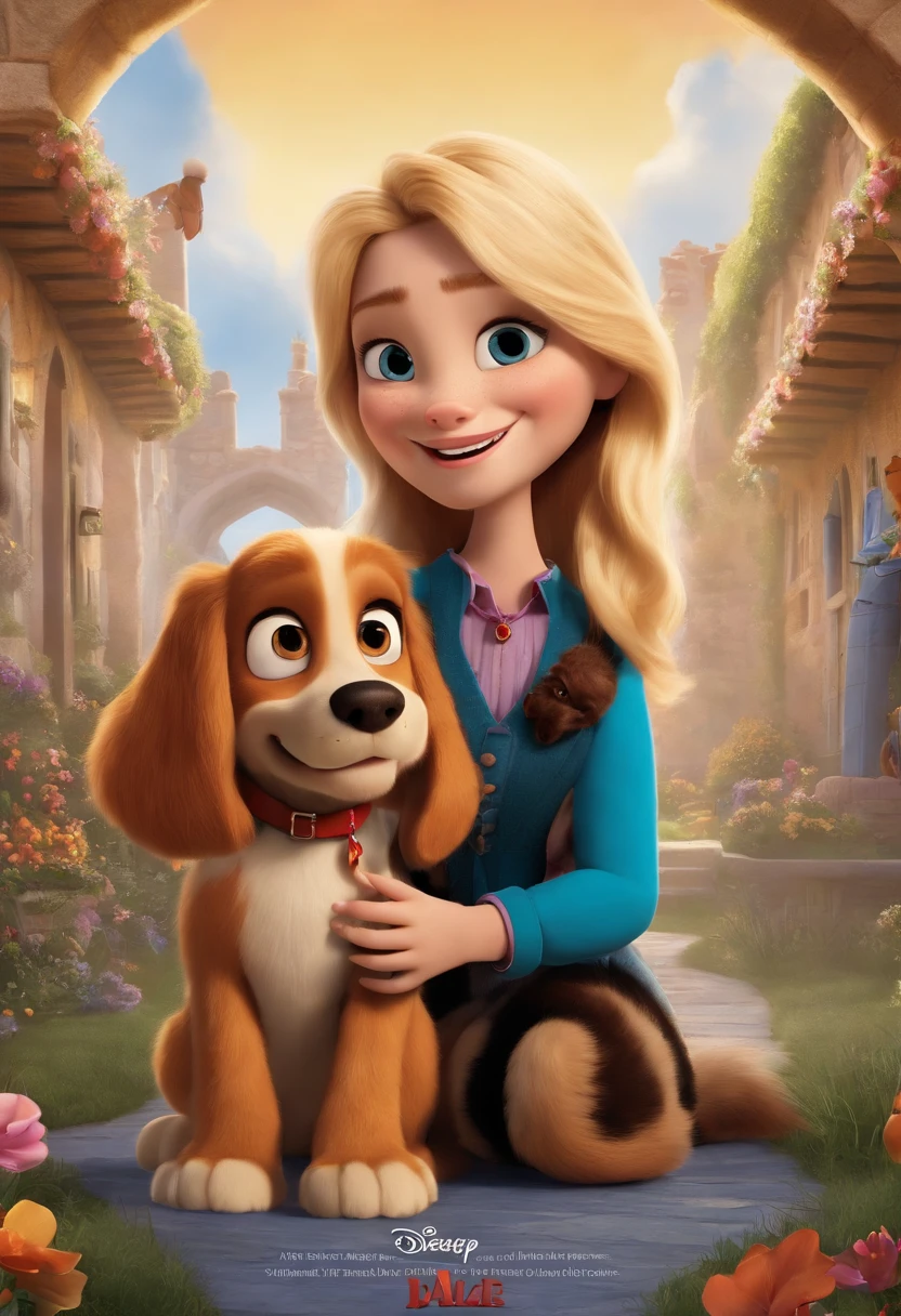 Create a poster inspired by Disney Pixar movies, featuring a couple compaund by a medium-height girl with blonde highlights hair, full lips and darked small eyes and a taller boy with fair skin, dark hair and silly face along with their puppy girl an all-black, well-groomed fur little puppy with sharp and pointed canine teeth playing. The poster is titled 'Alice in Dogland.' The digital artwork should be in the Pixar style, reminiscent of an animated feature.