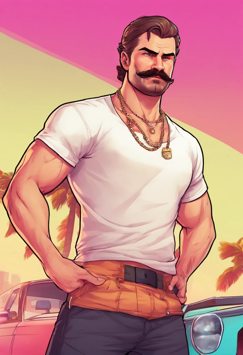 caucasian man, 27 years old, gradient haircut, muscular, 85 kg, athletic, moustache, basic white t-shirt, black cargo shorts, pearl necklace, white sneakers, handsome, 4k