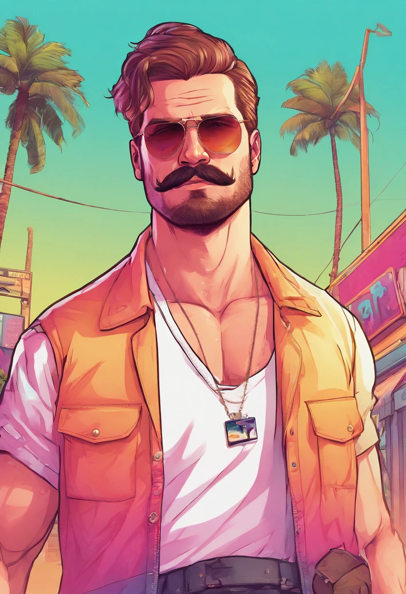 caucasian man, 27 years old, gradient haircut, muscular, 85 kg, athletic, moustache, basic white t-shirt, black cargo shorts, pearl necklace, white sneakers, handsome, 4k