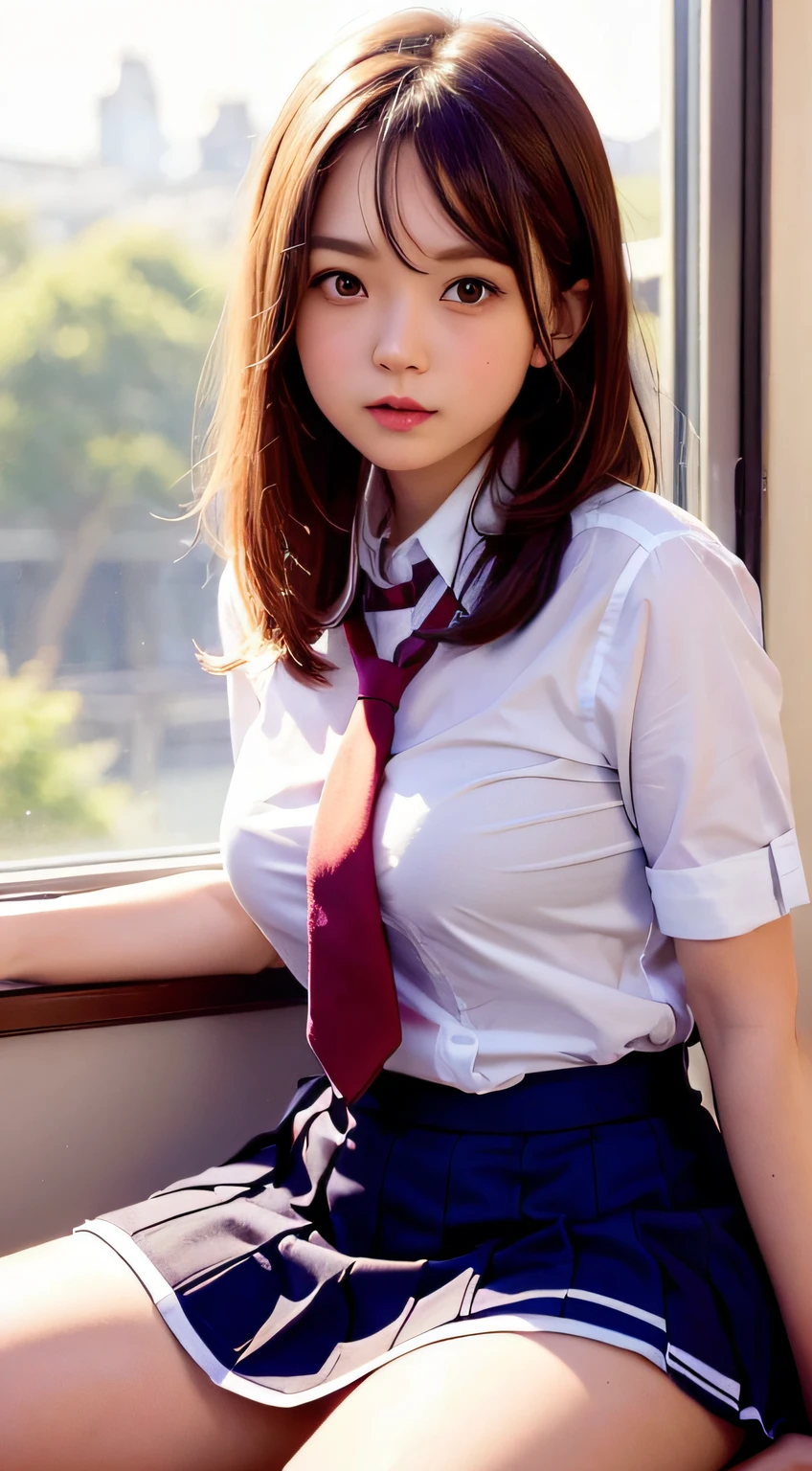 Woman in short skirt and tie sitting on window sill, Cute Schoolgirl, a hyperrealistic schoolgirl, a hyperrealistic schoolgirl, thighhighs and skirt, School Girl, wearing skirt and high socks, wearing skirt, with backdrop of natural light, Wearing school uniform, High school girl posing、Medium bob hair、