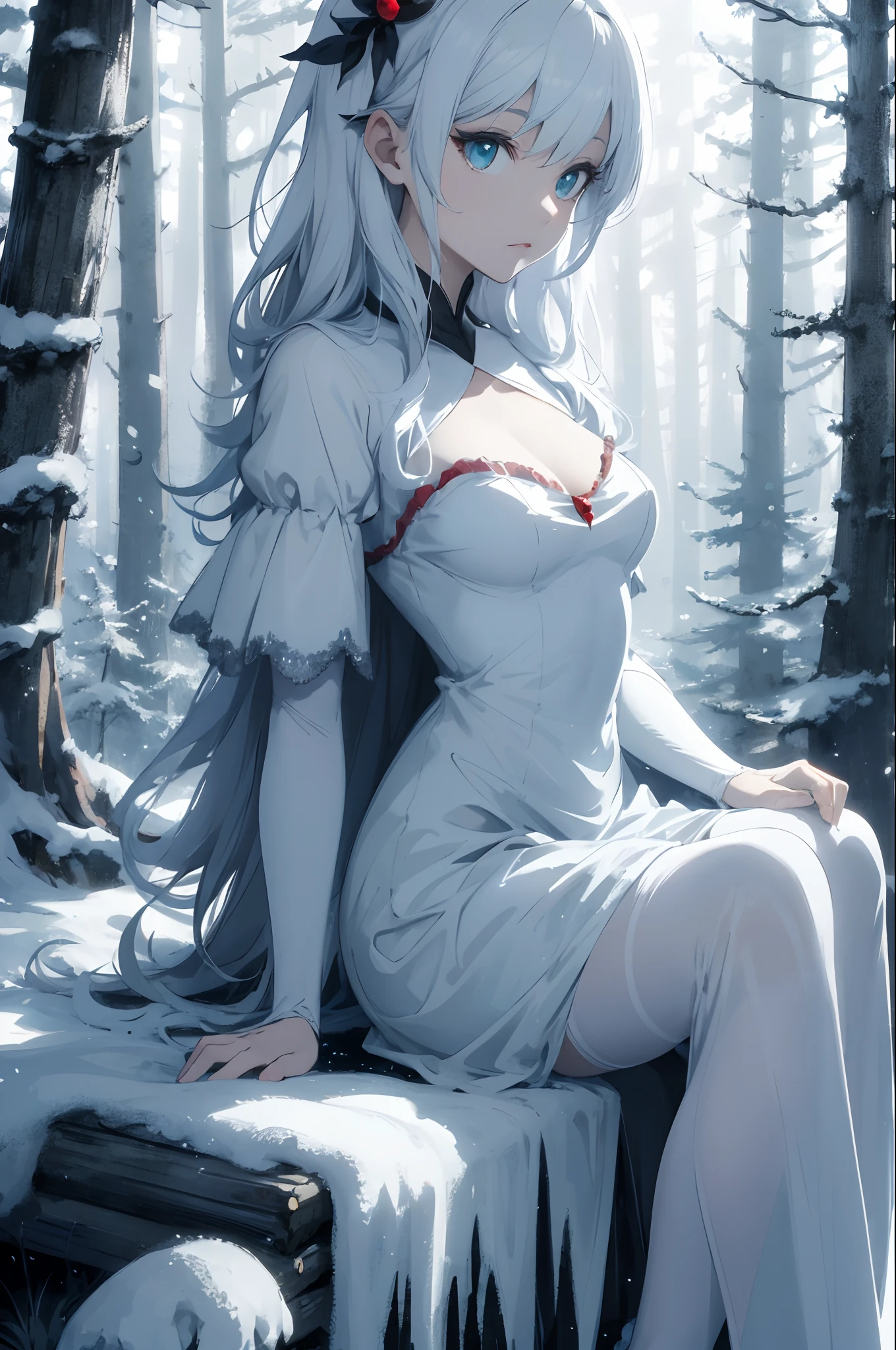 snow white Disney sexy sitting in a ghostly forest with light behind the viewer full of many pine trees little fog with high definition image minimal contrast with frontal perspective and line to the horizon, cinematic