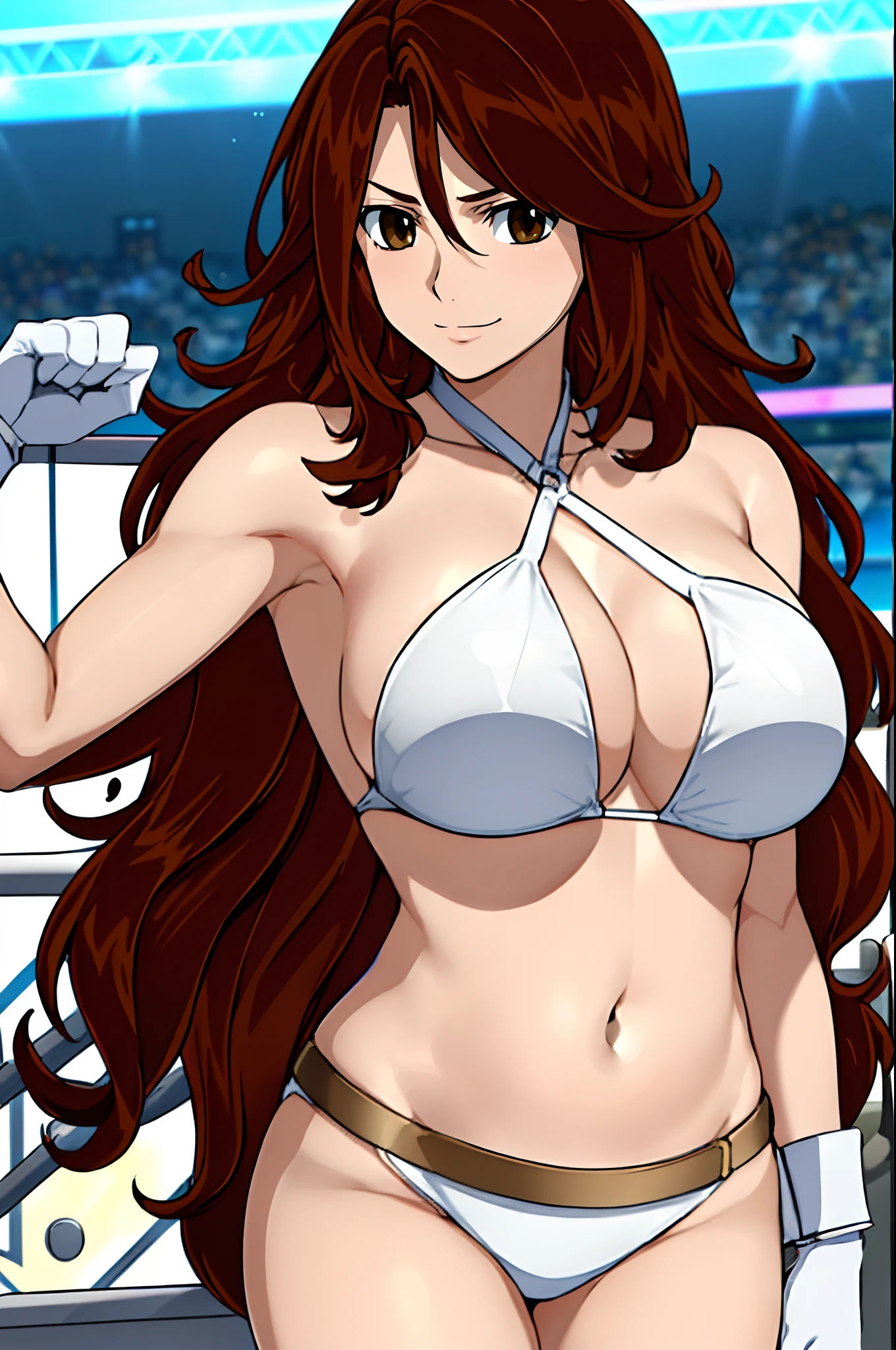 beautiful lady, curvy belly, titration screen,, Elegant lady, (upper body only), anime style: 1.8, anime drawing, ultra detailed face, ultra detailed body, 4k, Sumergai Lee Noriega, (standing), best quality, anime style, hires, highest definition, digital blending, bold drawing lines, ((wwe diva), (location: wrestling arena, crowds watching), ( big shoulders, slim body, (wrestler body, thick arms, detailed biceps), , broad shoulders, closed fists, (very curvy: 2.8)), ((white bikini, only, white gloves, collar, (arm band, sleeves), (champion belt on bare belly))), loser, defeated, sad, (pale skin, big breasts, smile), (big eyes, brown eyes), (clapping), ( brown hair, loose hair, curly hair, wavy hair, long hair, missy hair, shiny hair), 27 years old,