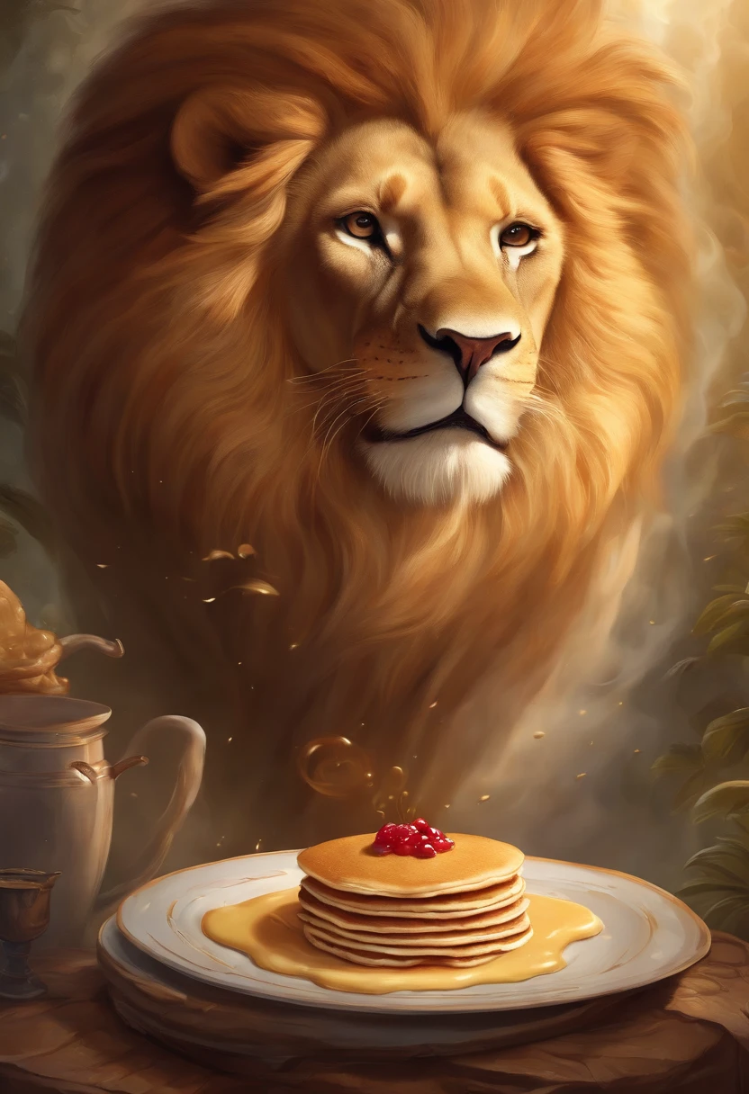 Surrealist digital illustration of a lion (({effortlessly devouring a pancake in mid-air, surrounded by a swirling vortex of pancake batter and syrup})). The scene should be set in a dreamlike, fantastical environment, with surreal elements defying gravity. Take inspiration from the surreal works of artists like Salvador Dali, blending reality with imagination. Use vibrant, pastel colors and dramatic lighting to create a sense of whimsy and wonder. Pay attention to the dynamic flow of the pancake batter and the lion's powerful presence in the scene.
