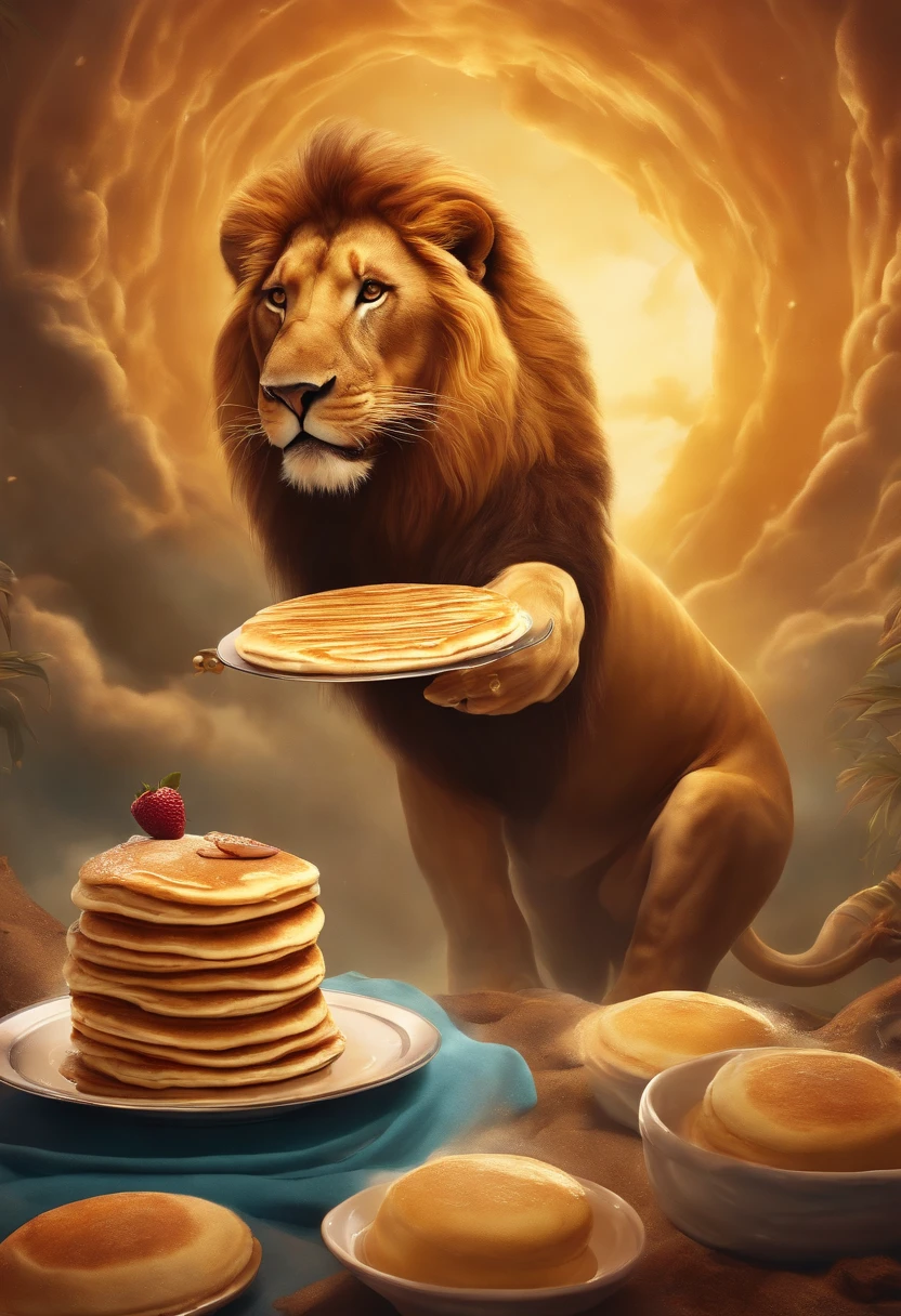Surrealist digital illustration of a lion (({effortlessly devouring a pancake in mid-air, surrounded by a swirling vortex of pancake batter and syrup})). The scene should be set in a dreamlike, fantastical environment, with surreal elements defying gravity. Take inspiration from the surreal works of artists like Salvador Dali, blending reality with imagination. Use vibrant, pastel colors and dramatic lighting to create a sense of whimsy and wonder. Pay attention to the dynamic flow of the pancake batter and the lion's powerful presence in the scene.