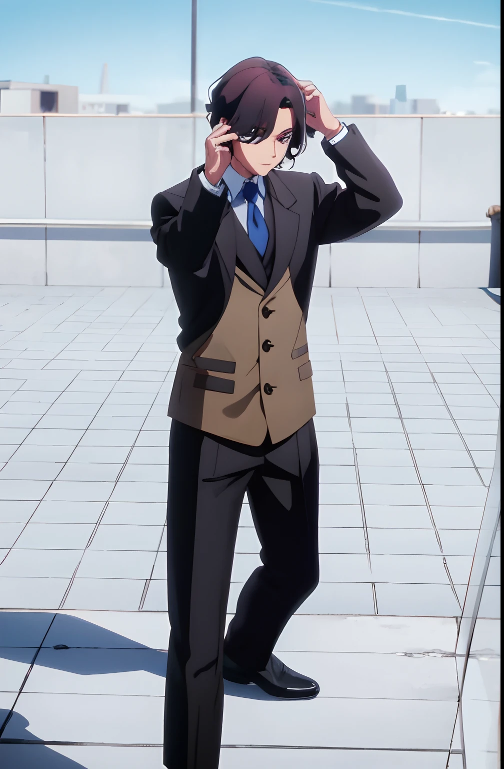 1chico joven, traje elegante, cabello negro, cabello medio corto, ojos azules, Covering himself with his arms at his head from an explosion