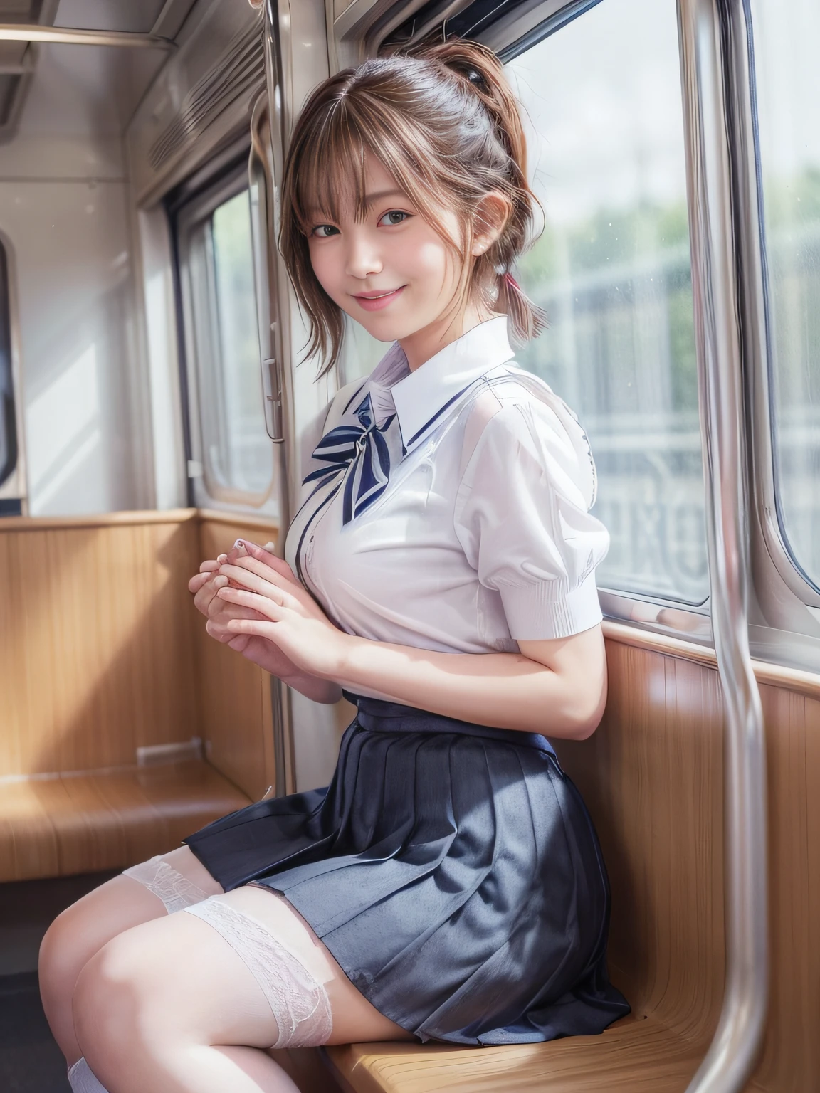 top-quality,ighly detailed,masterpiece,realisitic,Photo Real,Bright lighting,1 girl in, very beautiful -yeld gi (kawaii:1.2),Faint smile, (Brown eyes),(ligh brown hair),(bangss),perfect glossy skin,flawless skin,((Erotic,Sexy and sexually explicit)),((Precise hands without dissonance)), large full breasts,large and thin waist, Watch your audience,,((Short sleeve uniform white shirt)),(Black underwear),(Blue Mini Pleated Skirt),(poneyTail),(lifted by self), sockes, (Black knee socks),(Loafer shoes), Daytime,On the train,Long horizontal sheet with your back to the window, with big smiles on their faces,