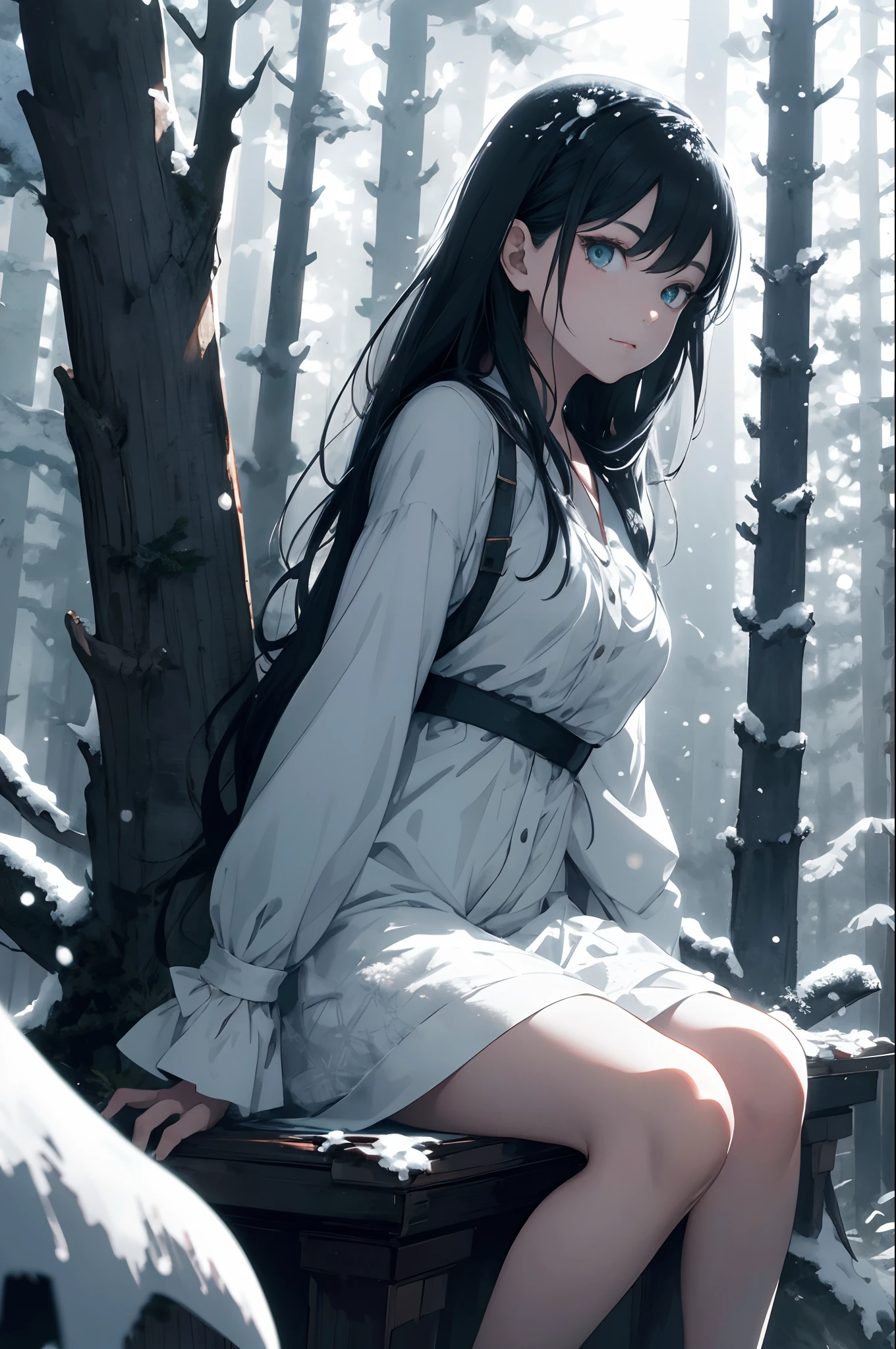 snow white Disney sexy sitting in a ghostly forest with light behind the viewer full of many pine trees little fog with high definition image minimal contrast with frontal perspective and line to the horizon, cinematic