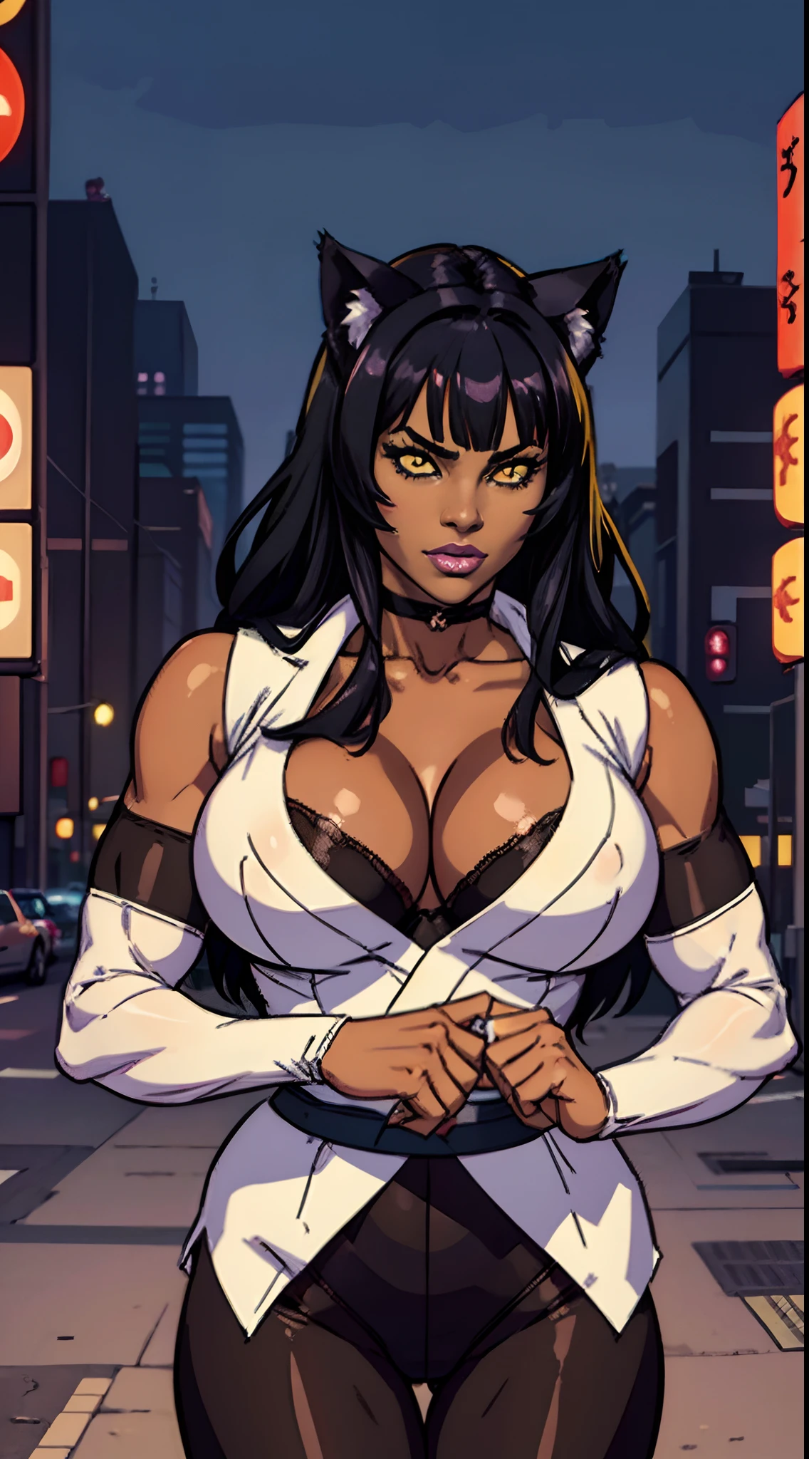 (masterpiece, best quality), close up, overhead view, cowboy shot, Anime style, detailed, sexy Blake, highly detailed, intricate, professional art, digital art, 20k, blake belladonna, (african woman: 2.3), (dark skin: 2.8), portrait, sexy woman, (japanese sci-fi complex background, city:1.35), city, animal eyes, cat ears, big ass, black hair, long hair, blunt bangs, lipstick, (purple makeup:1.1), black eyeshadow, detailed hair, ultra detailed face, yellow eyes, perfect eyes, cat eyes, beautiful eyes, big eyes, amber eyes, detailed eyes, perfect face, (very dark skin: 1.8), african woman, (african woman: 2.1), very dark skin character, (very dark skin: 3.2), (tail:0), (japanese clothes:0.6), night-gown, thin-clothes, (see-through clothes: 1.6) (hip vent:0.9), (bridal gauntlets:1.1), shrug (clothing), (young female, 16 years old:1.1, black woman: 2.4), Large Breasts, cleavage, (fit body: 1.1) Black and white outfit. White tailcoat. Tight black spats, thong, Black laced tank bra.